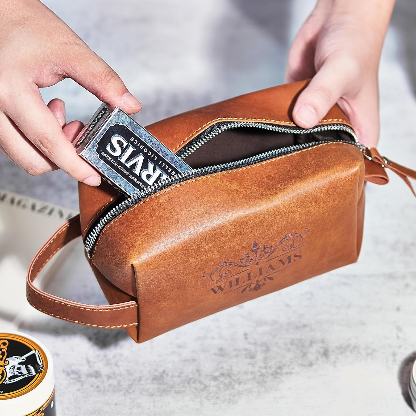 Bleggeit Personalized Leather Toiletry Bag For Men with Hook, Groomsmen Gifts Travel Bag Laser Engraved Name Monogram Gift For Him Husband Father Leather Dopp Kit (Style 3)
