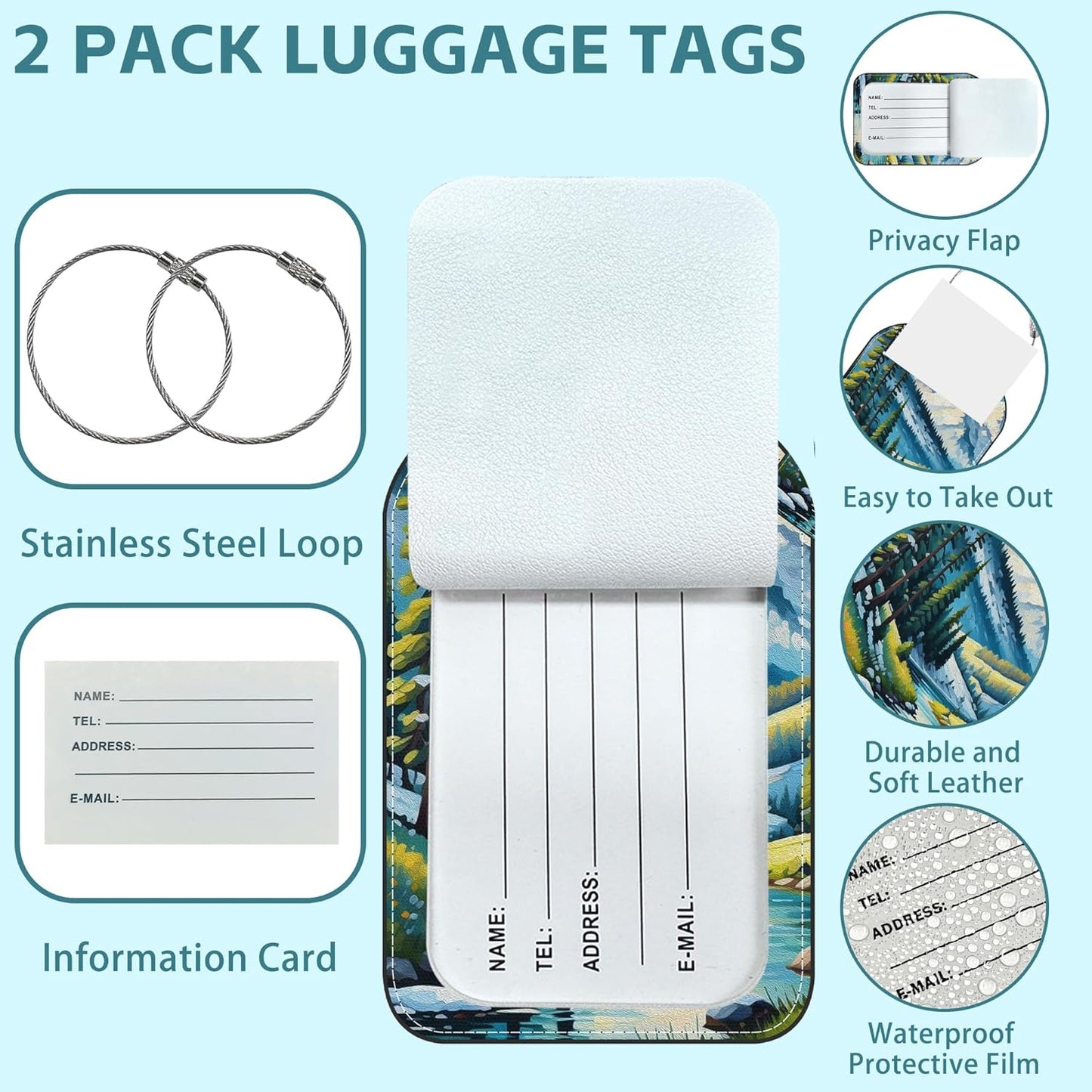 2 Pack Cute Luggage Tag for Suitcases Mountain and River Leather Luggage Tags with Stainless Steel Loop Privacy Flap Name Tags,Men and Women Travel Bag Suitcase Tags