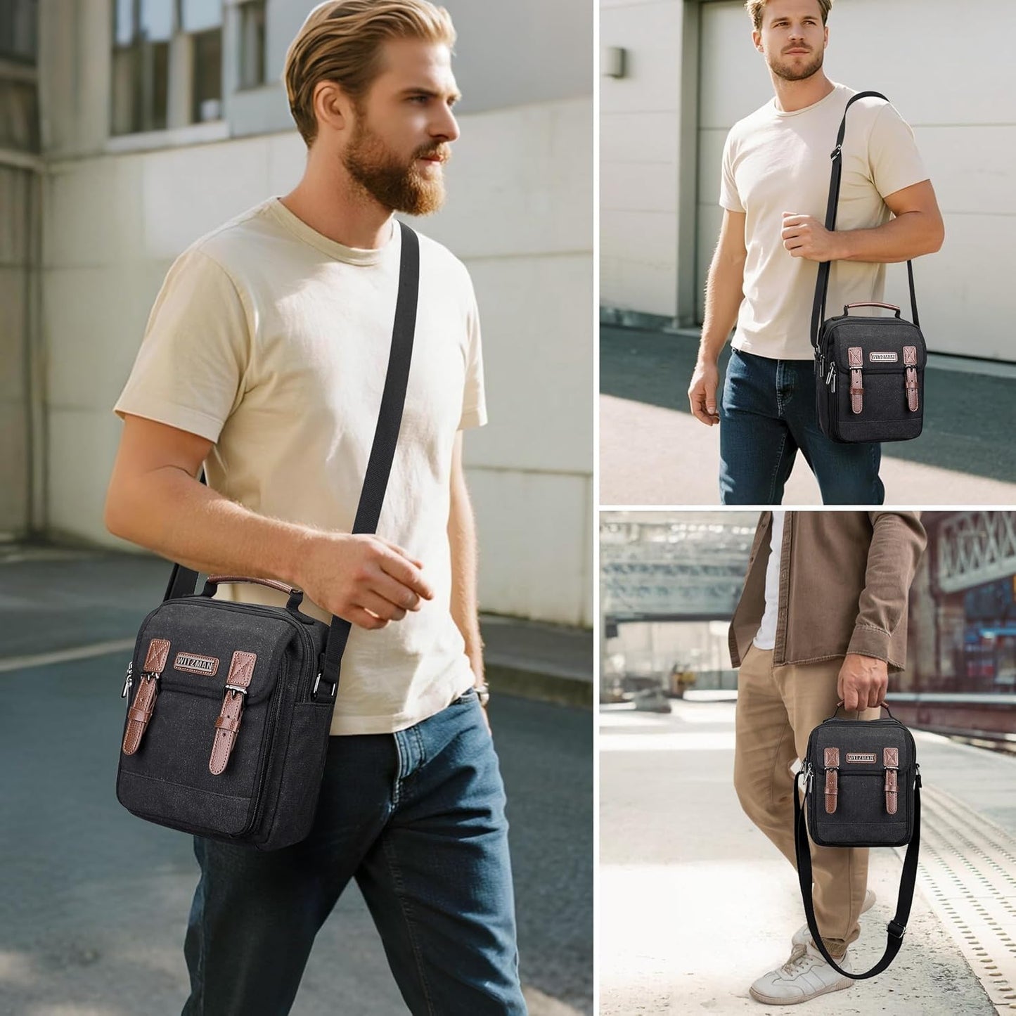 WITZMAN Canvas Small Messenger Bag for Men Crossbody Bag Multi-pocket Casual Shoulder Bag Travel Chest Bag