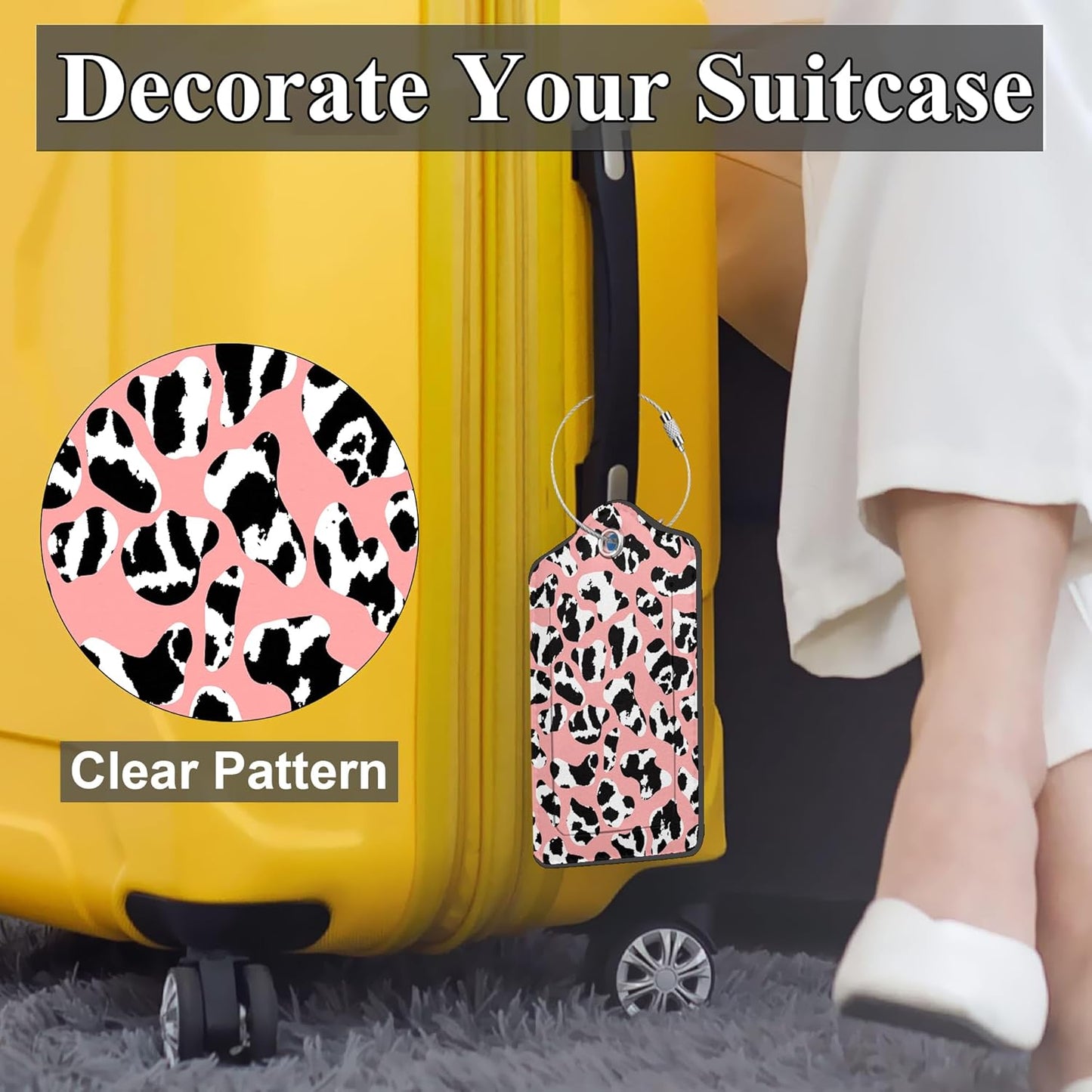 Set of 2 Luggage Tags for Suitcases, Leather Abstract Leopard Pink Metallic Foil Texture Baggage Tags with Stainless Steel Loop, Privacy Name ID Card Cover Travel Labels for Women Men