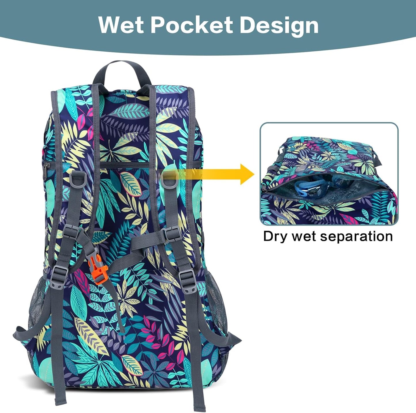 40L Hiking Backpack, Lightweight Foldable Hiking Daypack with Wet Pocket, Waterproof Travel Camping Bag for Men Women