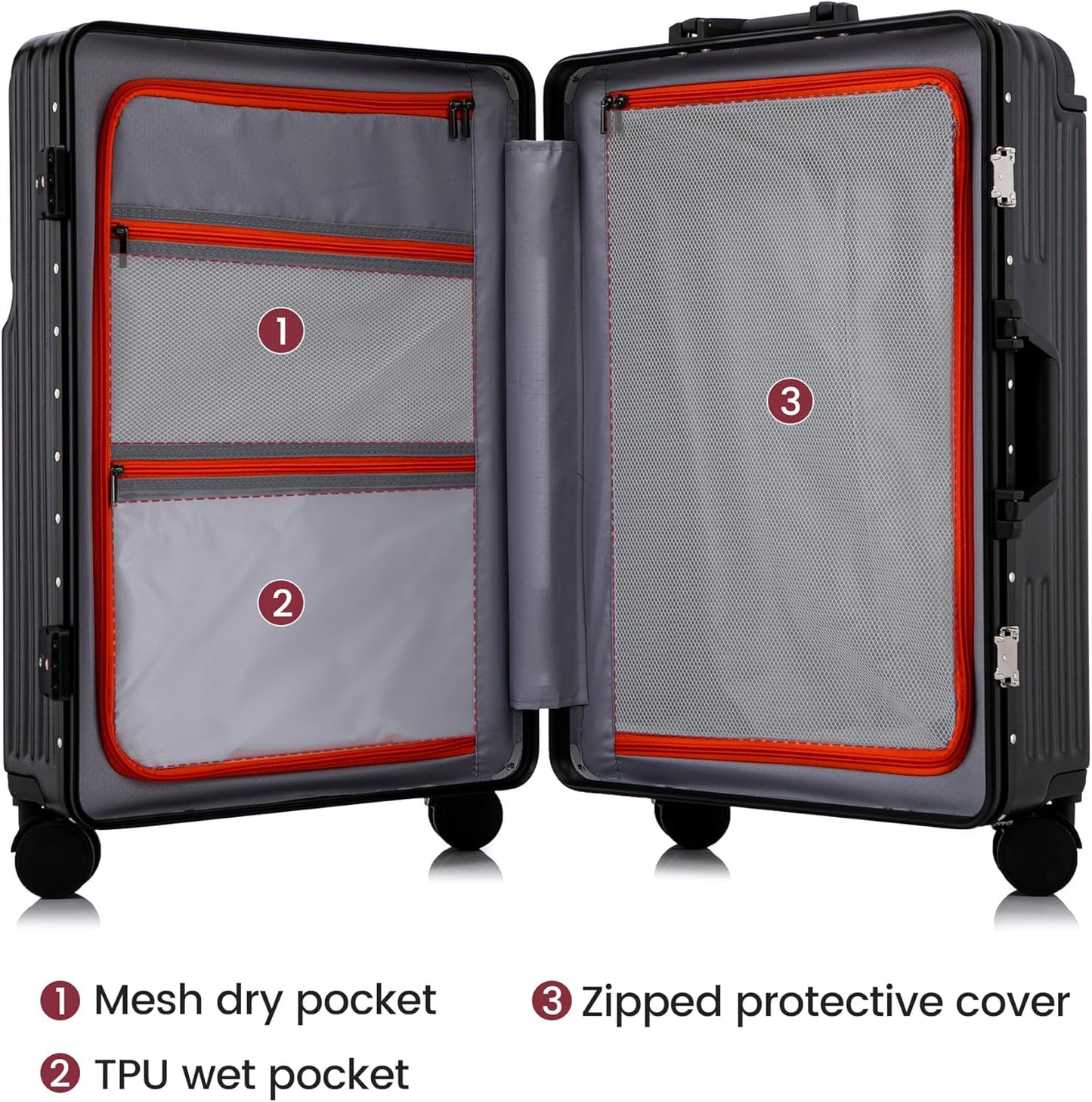 20 Inch Carry On Luggage with Spinner Wheels,Aluminum Frame PC Hard Shell Suitcase with USB Port,Lightweight Travel Luggage Airline Approved for Men Women, Black