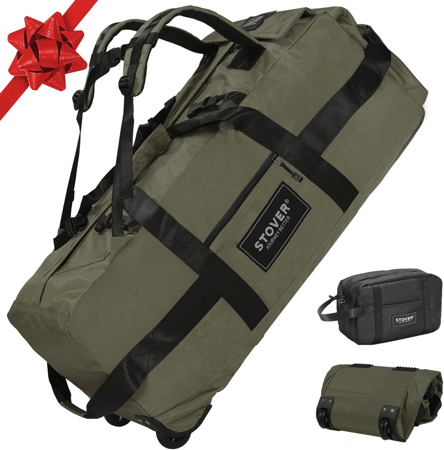STOVER 80L Rolling Duffel Bag with Wheels, Large Durable Travel Duffle + Toiletry Bag, Heavy Duty, Packable, Foldable with Shoulder Straps- Use as Luggage or Backpack, Men/Women (Green)