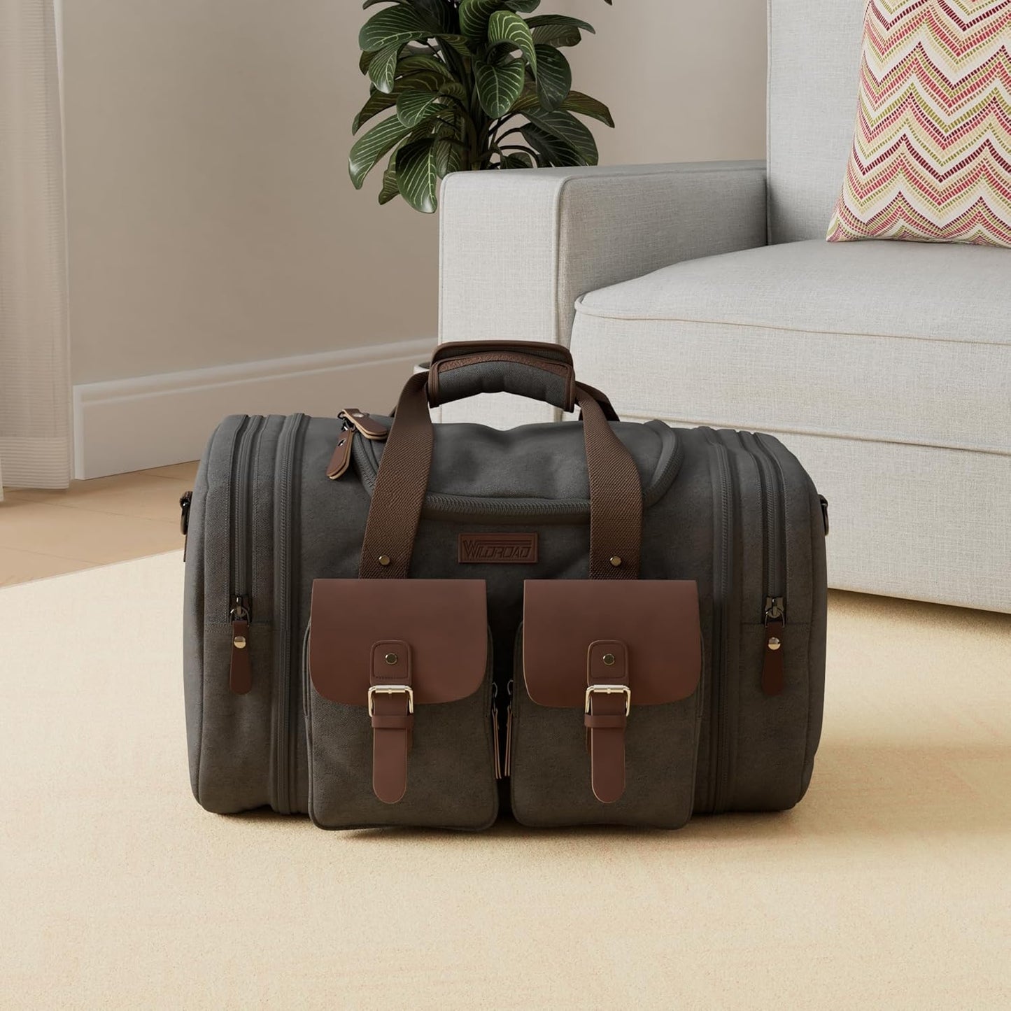 Wildroad 60L Travel Duffel Bag, Expandable Canvas Genuine Leather Duffle Bag Upgraded Overnight