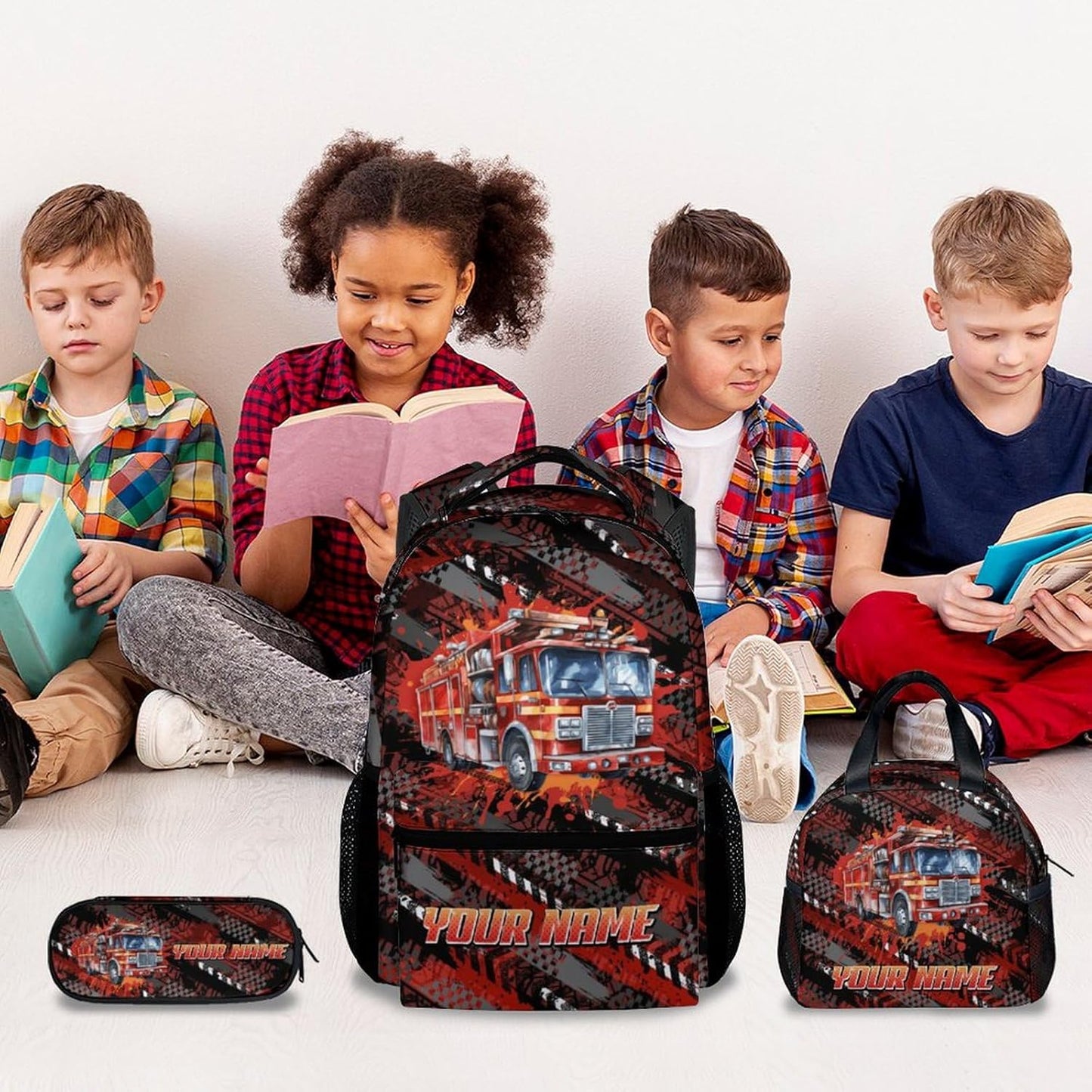 Mercuryelf Boys Backpack with Lunch Box - 17 Inch Fire Trucks Kid Backpack with Lunch Bag for