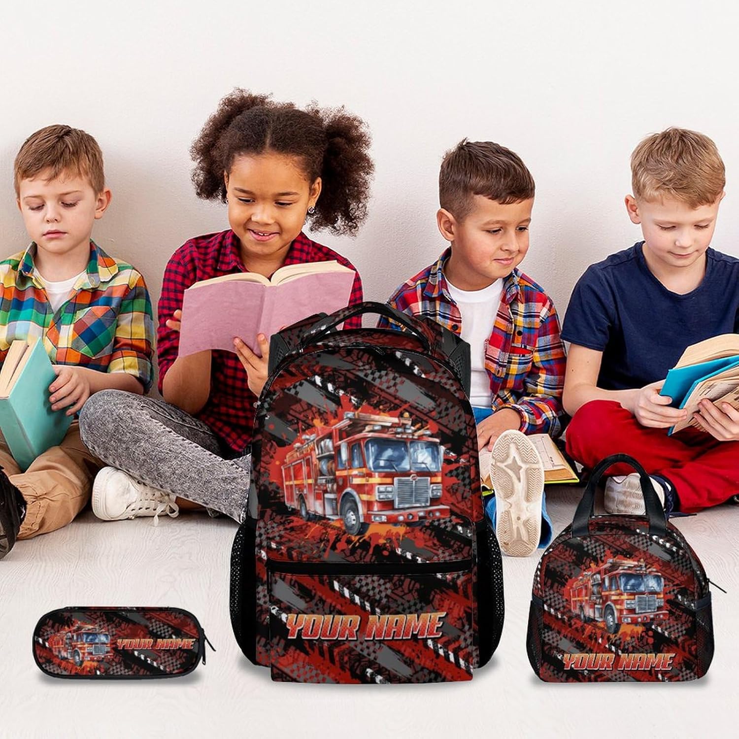 Mercuryelf Boys Backpack with Lunch Box - 17 Inch Fire Trucks Kid Backpack with Lunch Bag for
