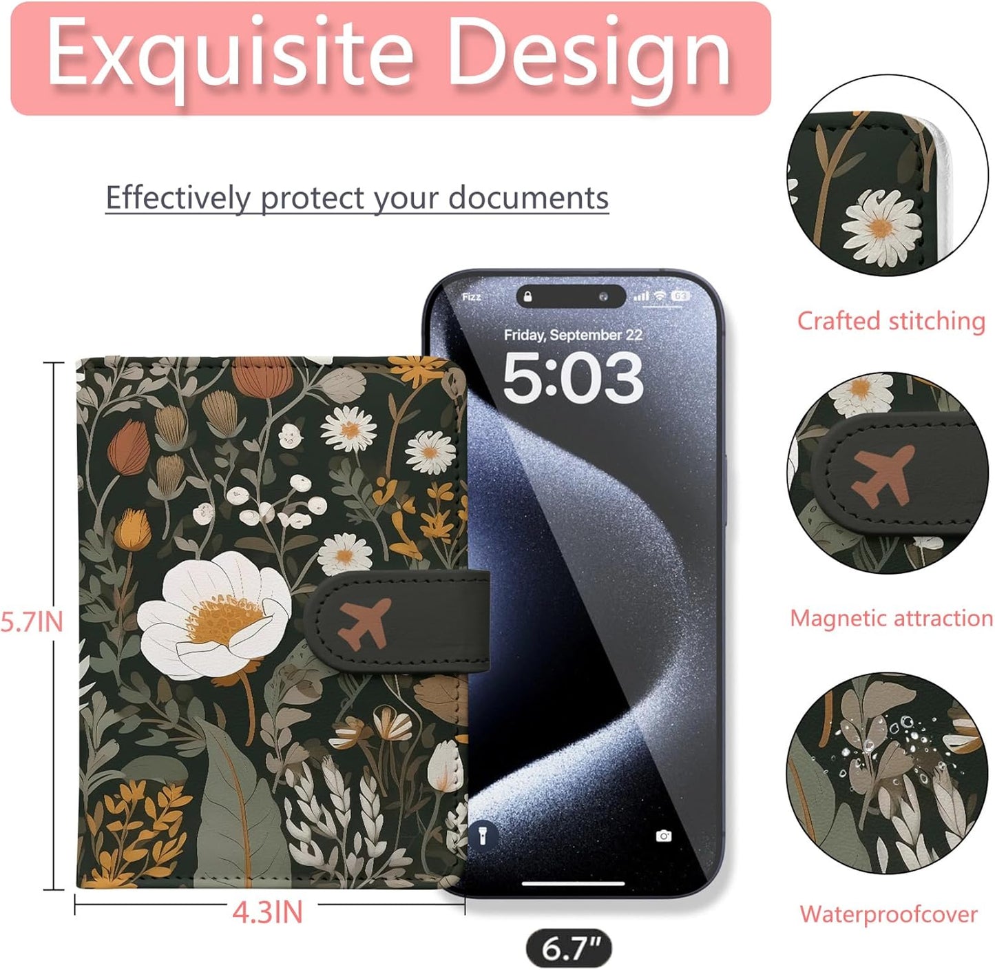 Passport Holder, Travel Wallet Cover with Pen Loop | Cute RFID Blocking Leather Case with Magnetic Closure for Travel Essentials-flower