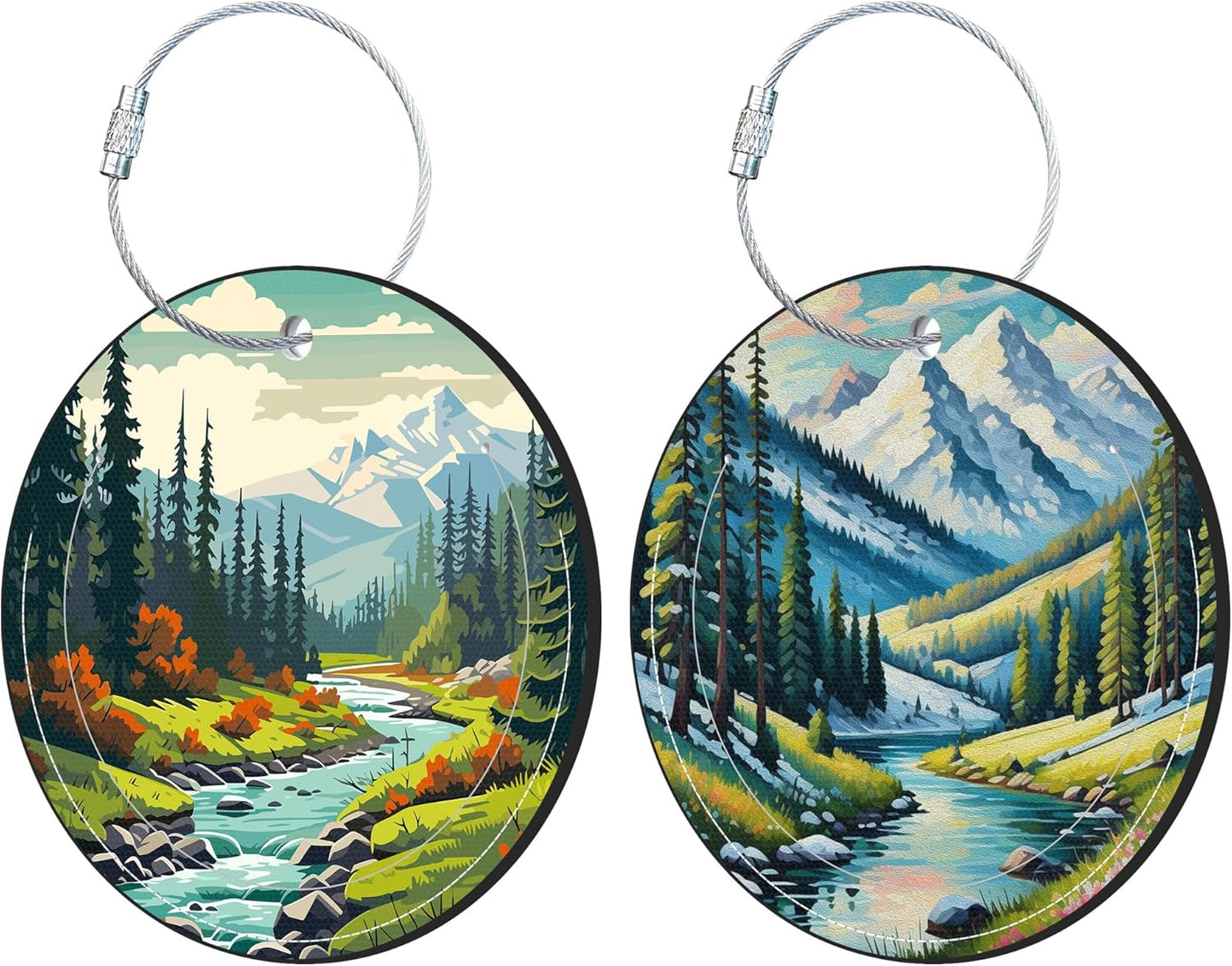 Round Cute Luggage Tags 2 Pack Mountain and River Creative Baggage Tags,Cruise Travel Baggage Suitcases Tag with Stainless Steel Loop ID Tag Privacy Flap
