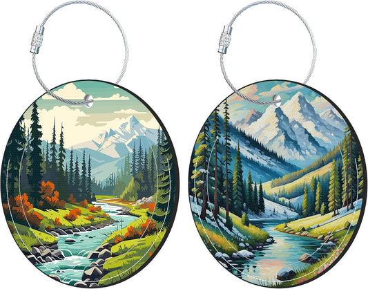 Round Cute Luggage Tags 2 Pack Mountain and River Creative Baggage Tags,Cruise Travel Baggage Suitcases Tag with Stainless Steel Loop ID Tag Privacy Flap