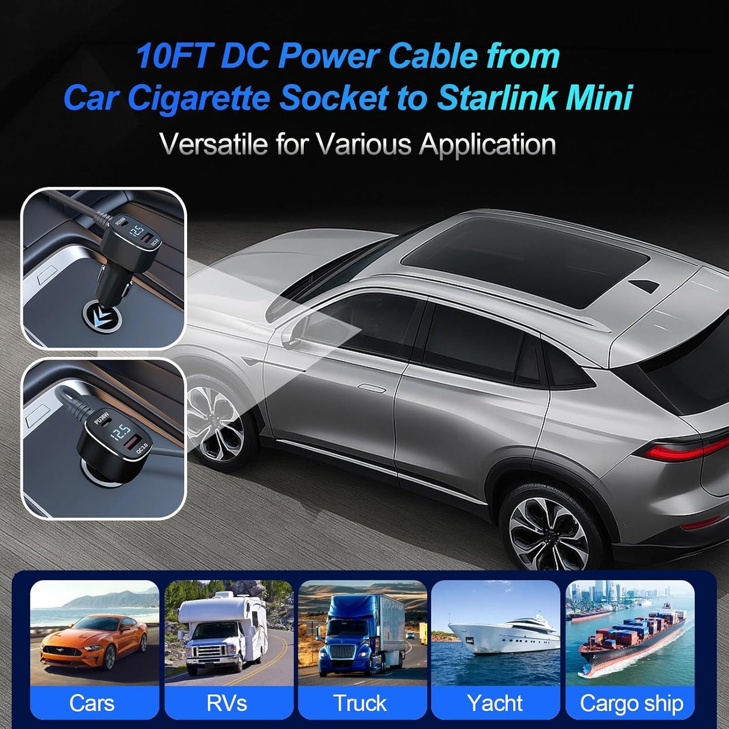 Starlink Mini Cable 3 in 1 DC Power Cable Aluminium Alloy Cigarette Lighter Adapter 12V-48V with Digital Display, Durable USB C PD 40W and USB A 35W Ports for Cars,Yacht, Trucks and RVs etc(10FT)