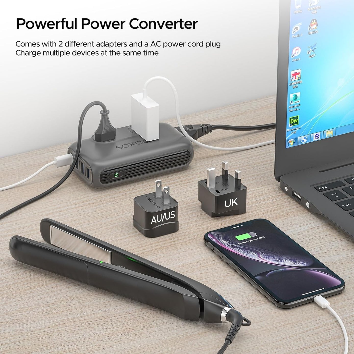 SOKOO 220v to 110v Voltage Converter, International Universal Travel Adapter, 4 USB Ports (1 USB C) Step Down Power Converter Adapter Combo with UK/AU/US/EU Plug Adapter