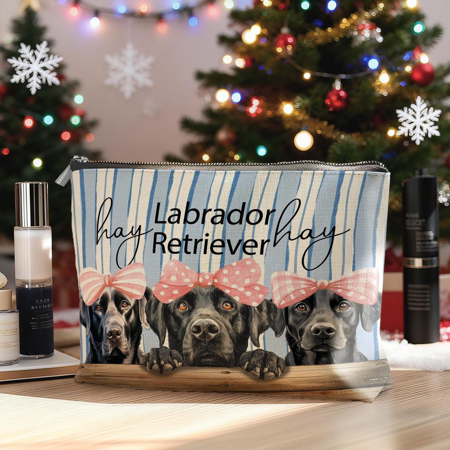 Coquette Black Labrador Retriever Makeup Bag Gifts for Women, Preppy Bow Black Lab Cosmetic Bag, Girly Blue and White Striped Dog Zipper Makeup Pouch Travel Toiletry Bag