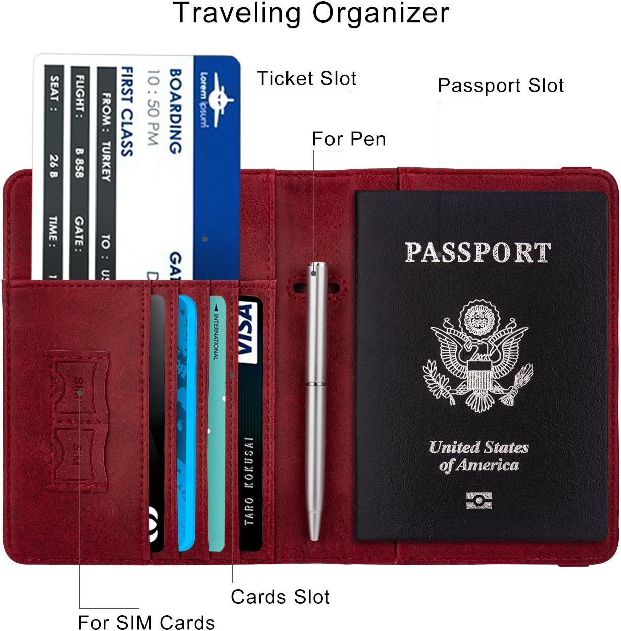 WALNEW Passport Holder for Travel, RFID Passport Cover Wallet for Women Men, PU Leather Passport Book Card Holder Case with Pen, Travelling Essentials for Flying