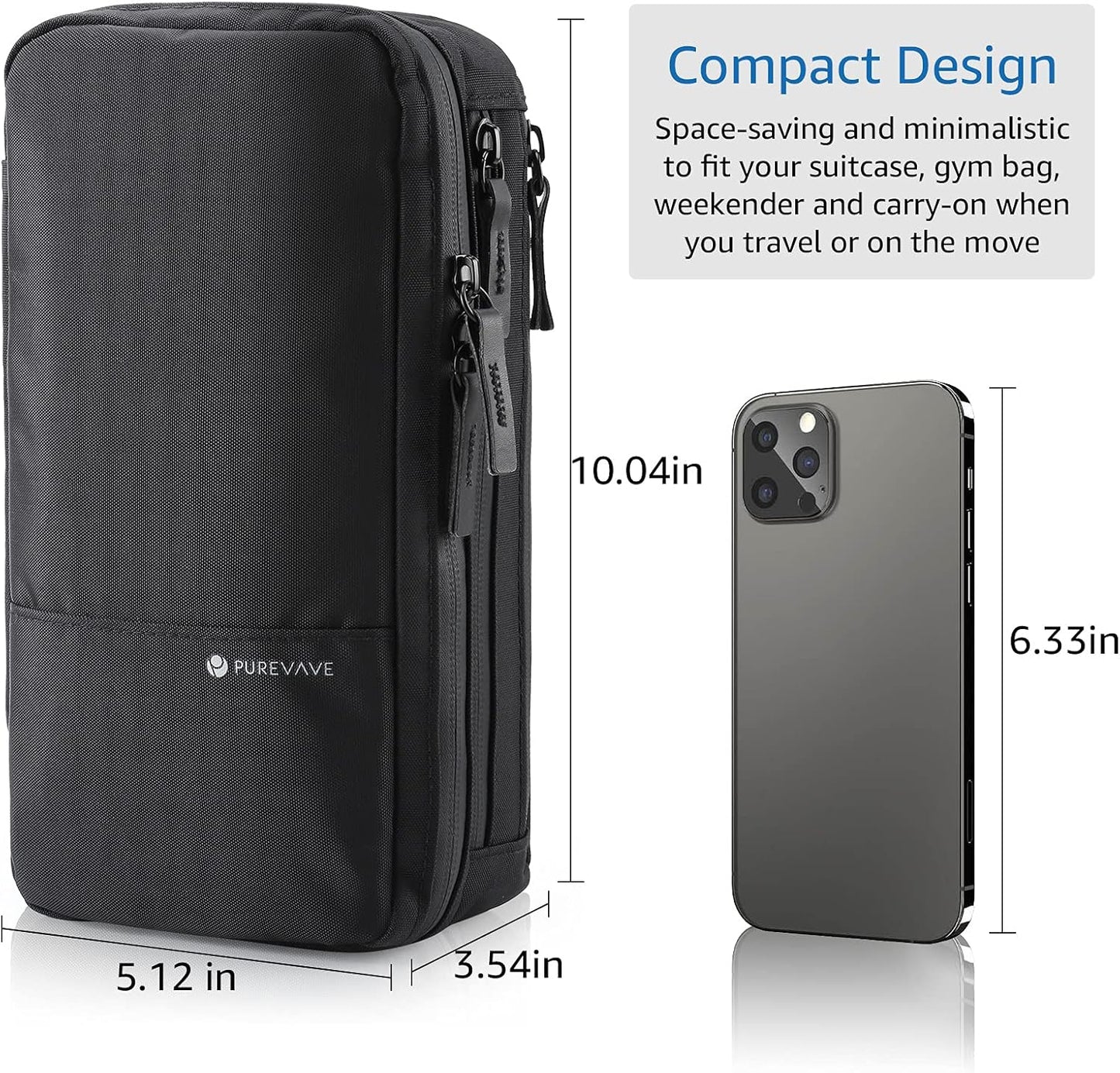Purevave Compact Mens Toiletry Travel Bag, Mens Dopp Kit for Travel Waterproof, Wash Pouch Black