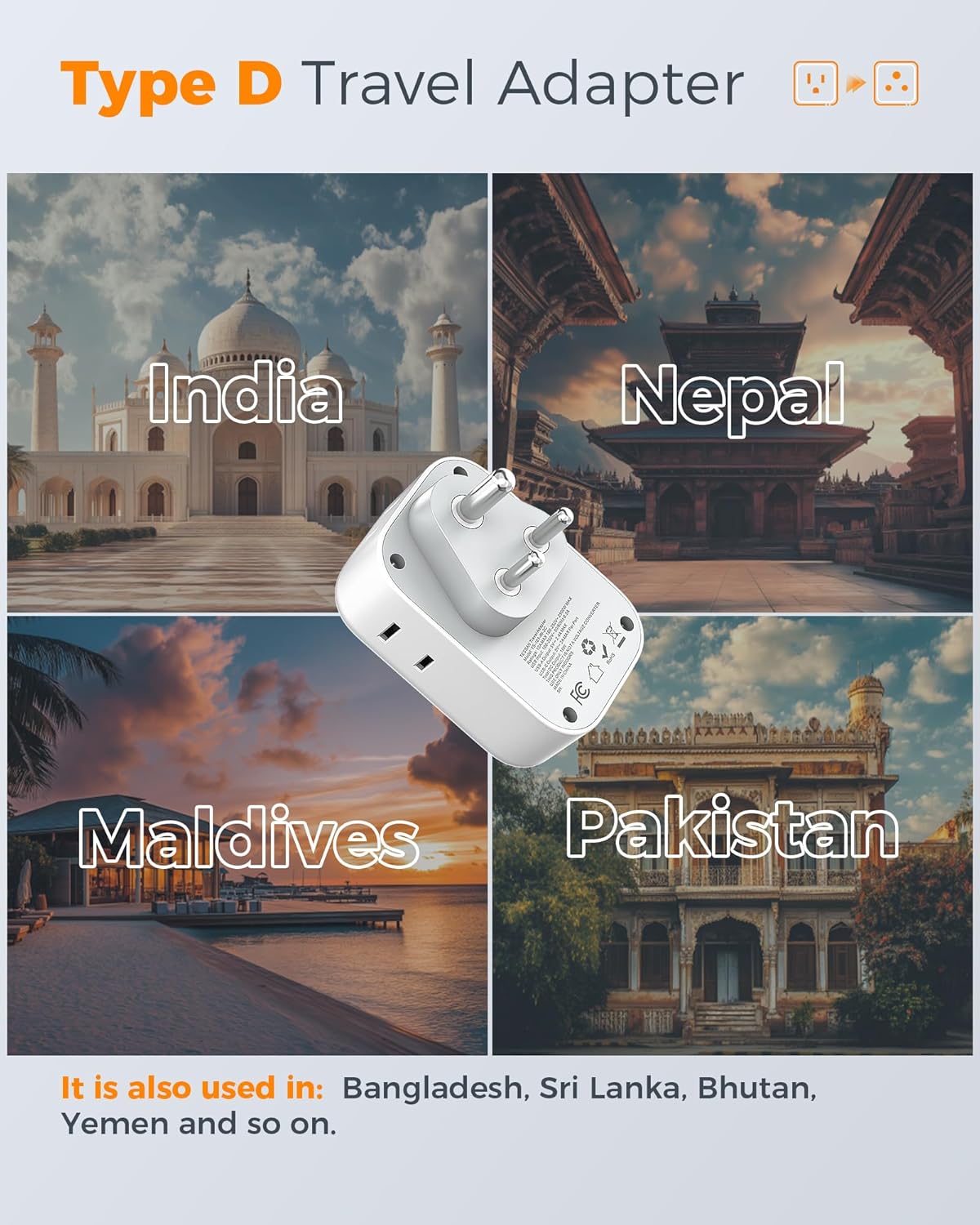 TESSAN US to India Plug Adapter, Type D Travel Adapter with 4 Outlets 3 USB (2 USB-C), Power Adaptor for USA to India Nepal Maldives Pakistan Bangladesh Sri Lanka Bhutan Yemen