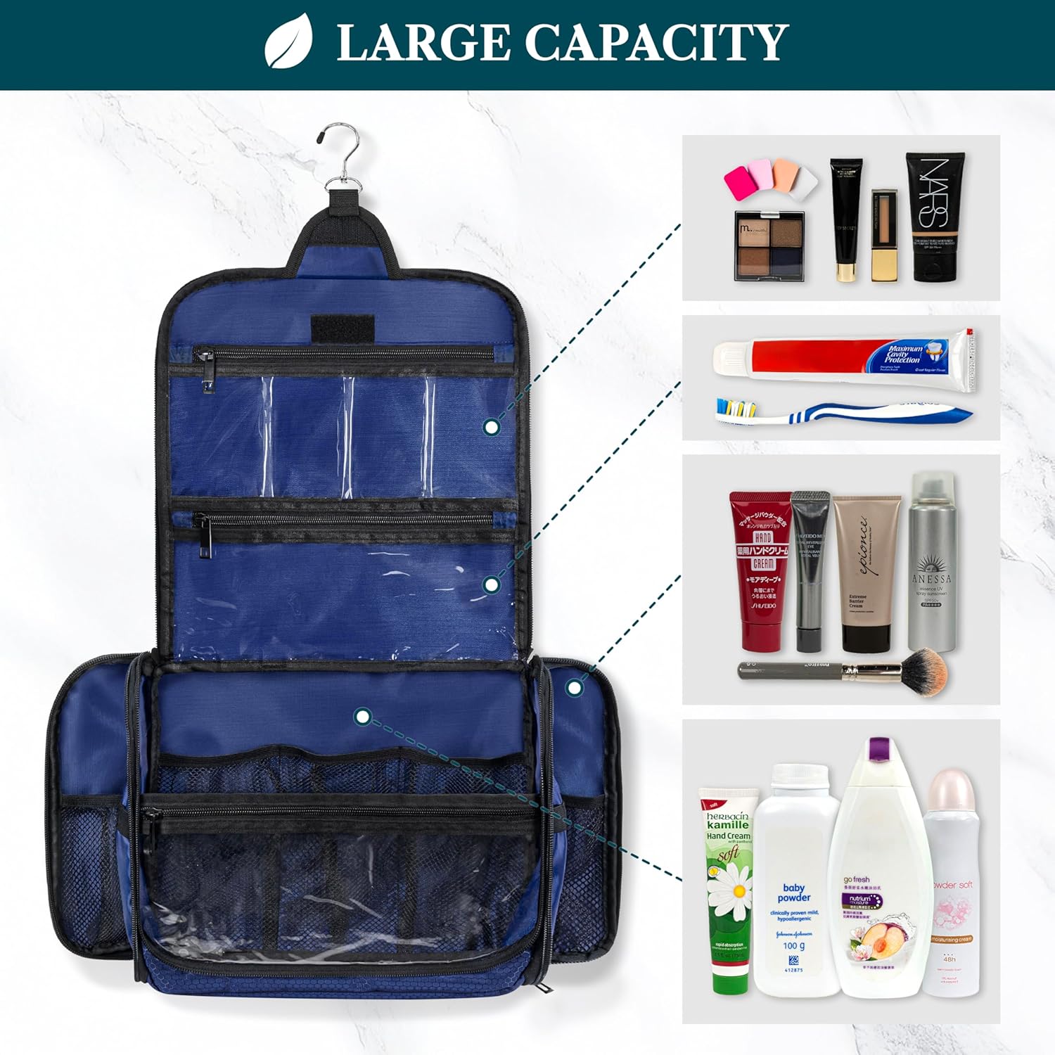 PAVILIA Large Hanging Toiletry Bag Travel Bag Women Men, Cosmetic Organizer, Water Resistant Makeup
