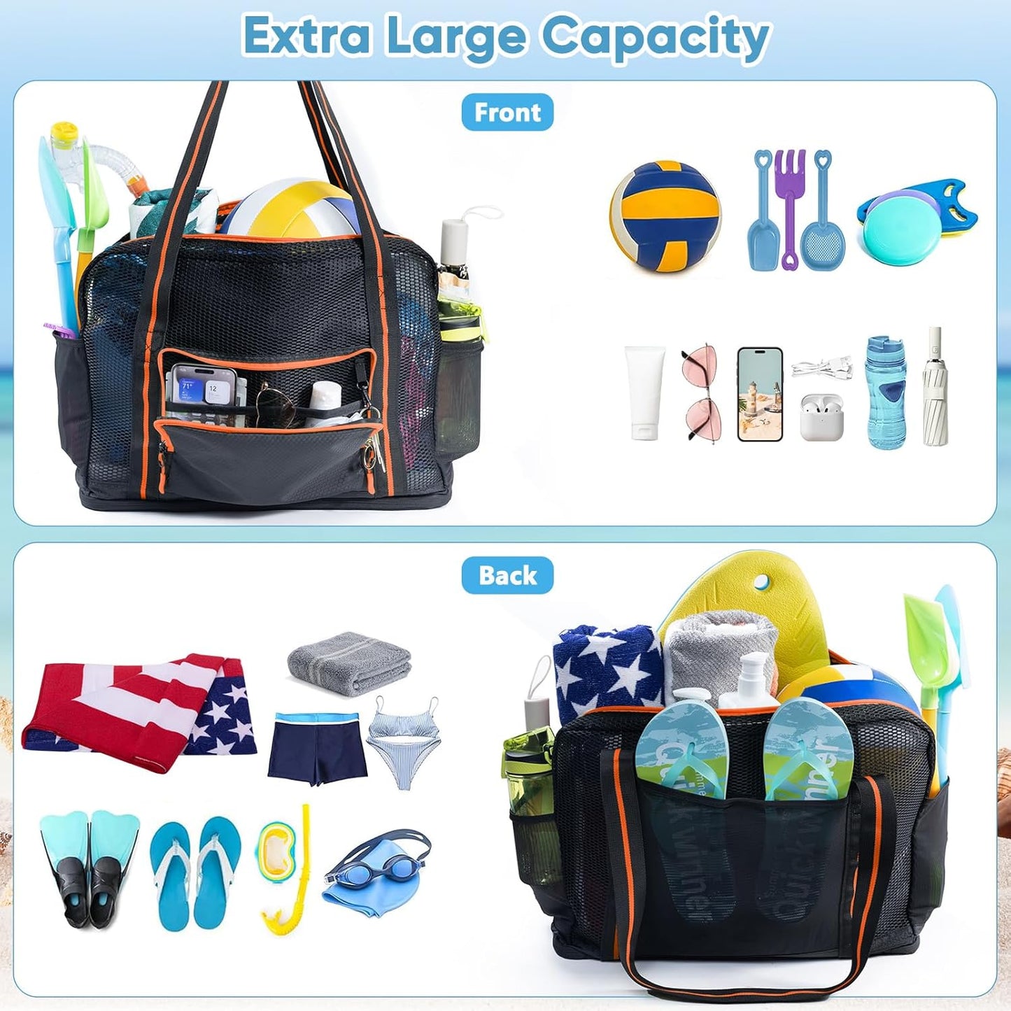 Large Mesh Beach Bag - XL Beach Tote Sandproof - Swim Bag - Large Pool Tote with Pockets for Toiletries, Towel
