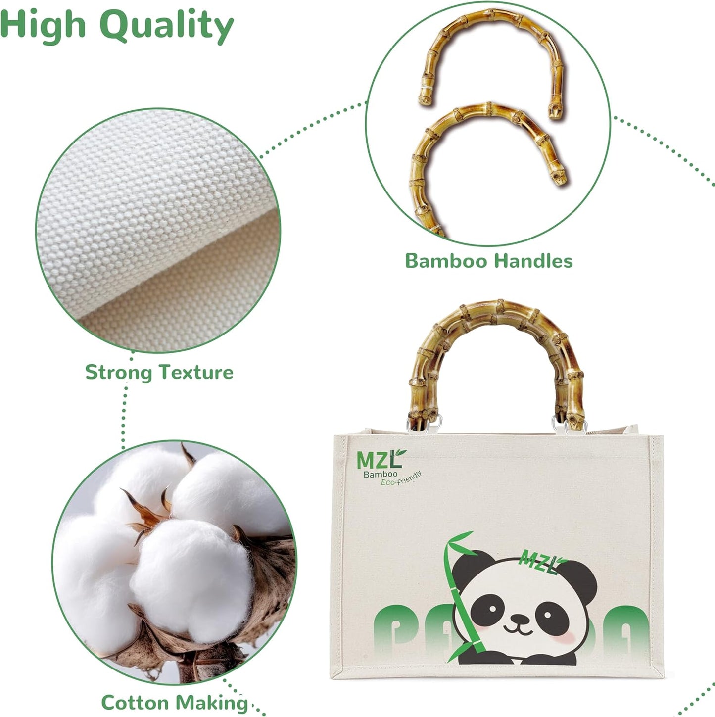 MZLBAMBOO-Tote Bag For Women, Tote Purse And Shoulder Bag, Capacity Eco-Friendly Canvas Bags, Bamboo Handle, Panda Print