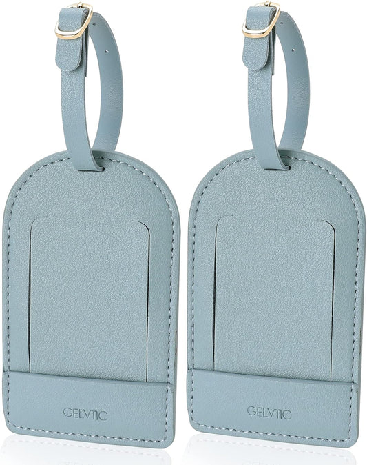 Faux Leather Luggage Tags for Suitcase Tag Set Privacy Protection with Identifie Name Lable ID Card Baggage tag for Men Women Travel Accessories, 2/4 Pack (LT06-Sky Blue)