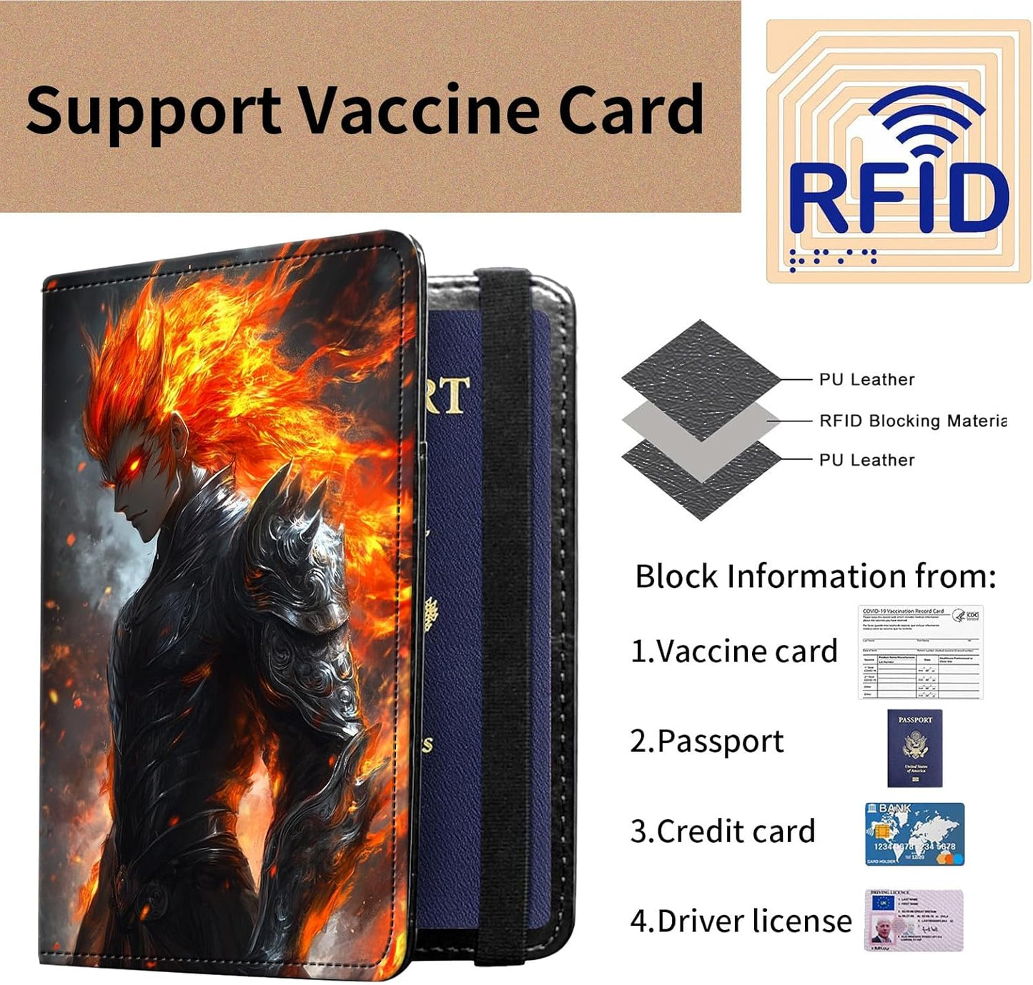 Passport and Vaccine Card Holder Cover Combo,Travel Passport Holder Wallet with RFID Blocking, Leather Vaccine Card Slot Passport Cover Case for Women & Men,Sun Wukong Anime