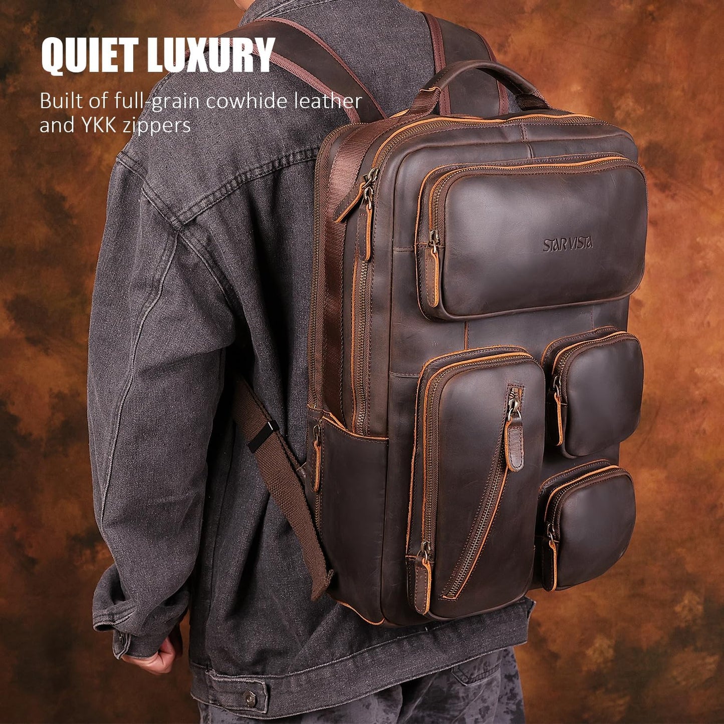 STAR VISTA Antonio 17.3" Vintage Full Grain Leather Laptop Backpack for Men, Multi Pockets, Casual Outdoor Business Travel Rucksack, YKK Zippers, Dark Brown