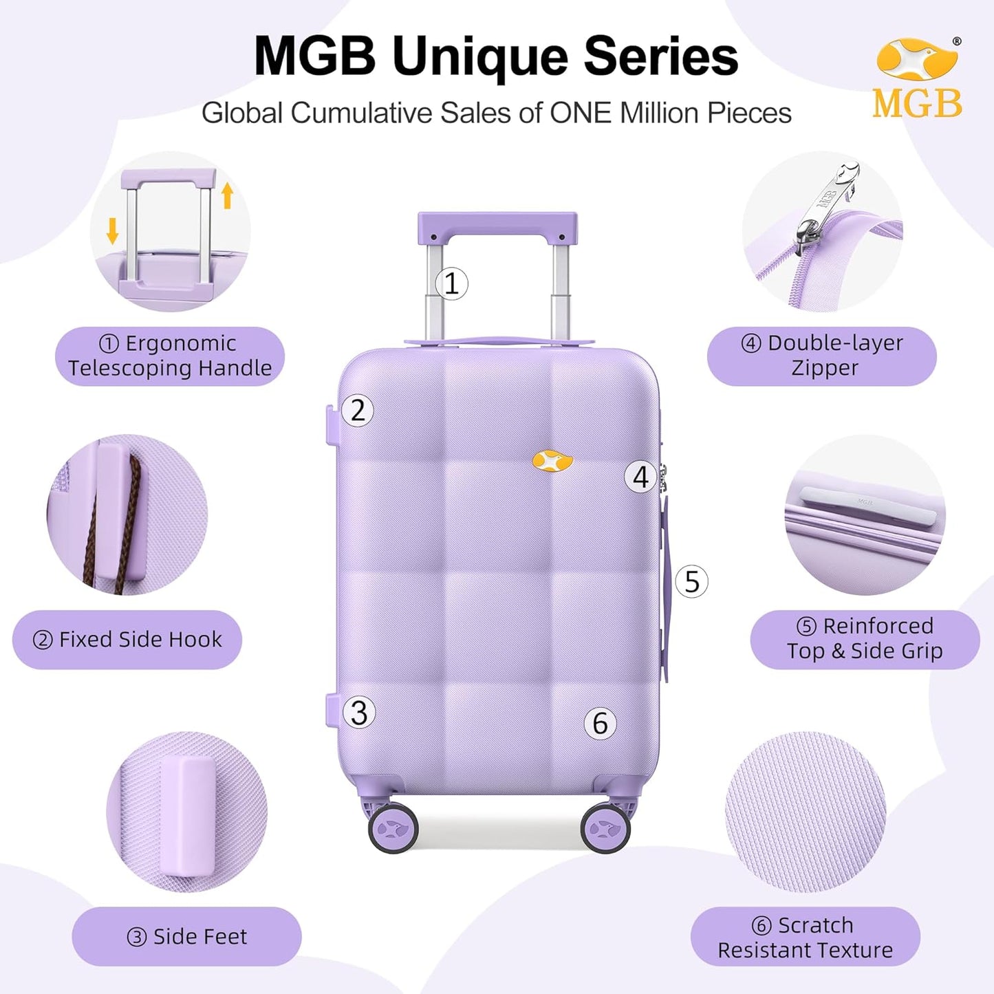 MGB Hardside Carry On Luggage with Spinner Wheels & Built-in TSA Lock, Durable Suitcase Rolling