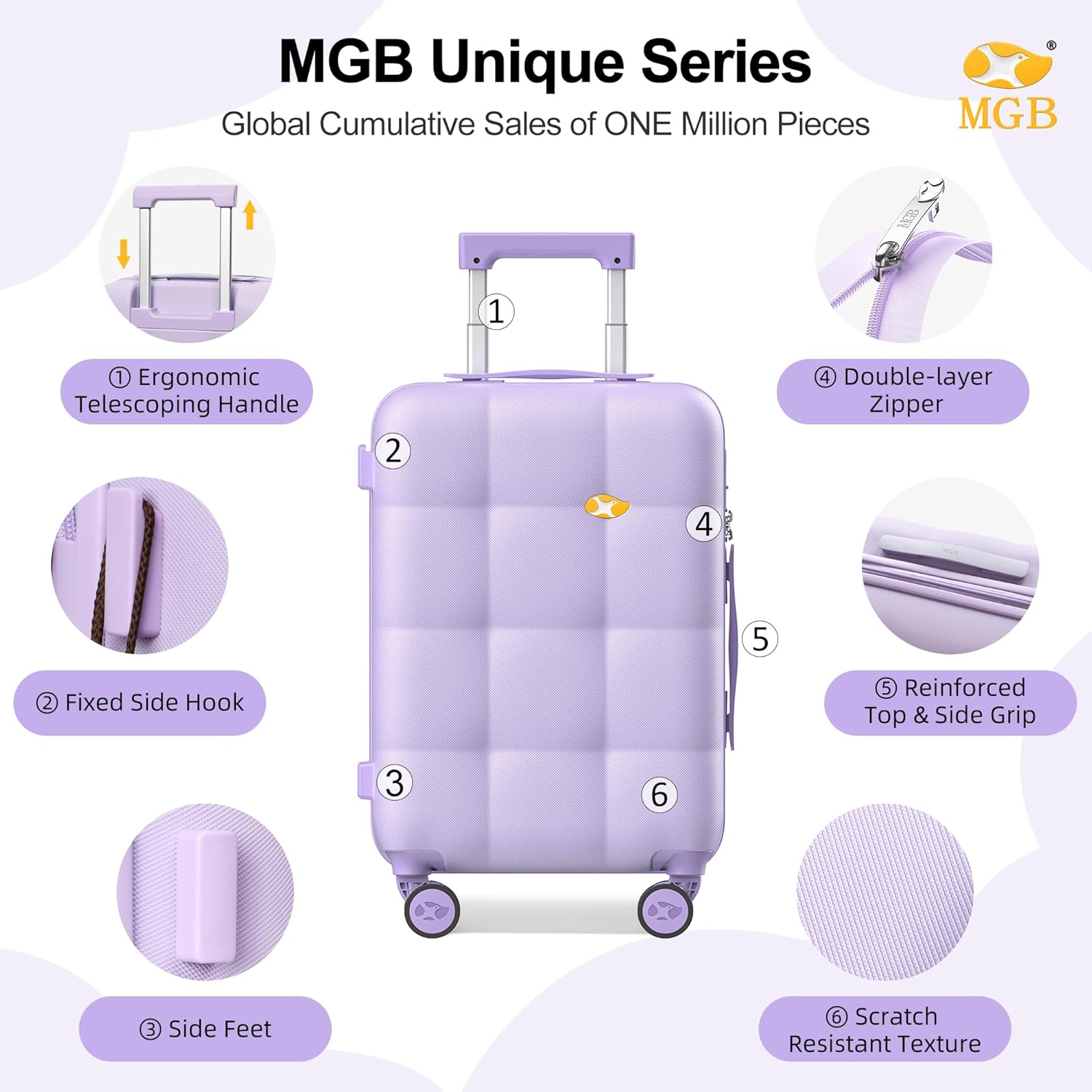 MGB Hardside Carry On Luggage with Spinner Wheels & Built-in TSA Lock, Durable Suitcase Rolling