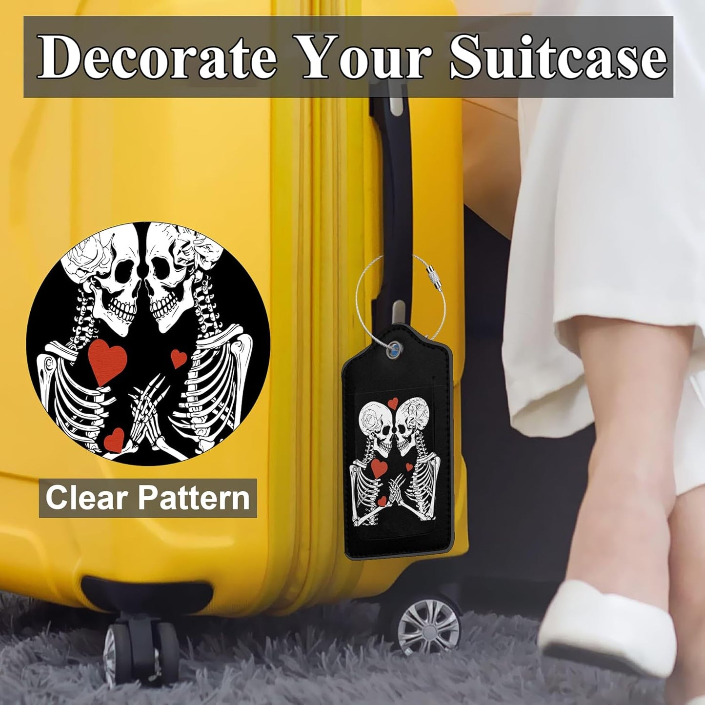 Skeletons Lovingly 2 Pack PU Leather Luggage Tags with Stainless Steel Loop, Funny Human Skull Lovers Travel Labels with Privacy Cover ID Label for Quick Spotting