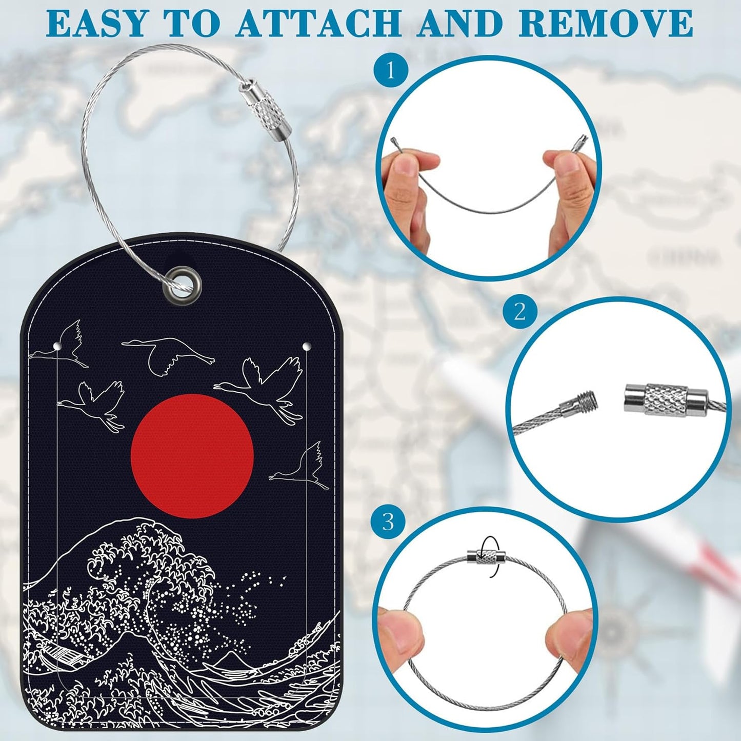 Japanese Storks and Wave Leather Luggage Tag for Suitcase 2 Pack Luggage Tag with Privacy Name ID Label and Stainless Steel Loop for Travel Bag Suitcase