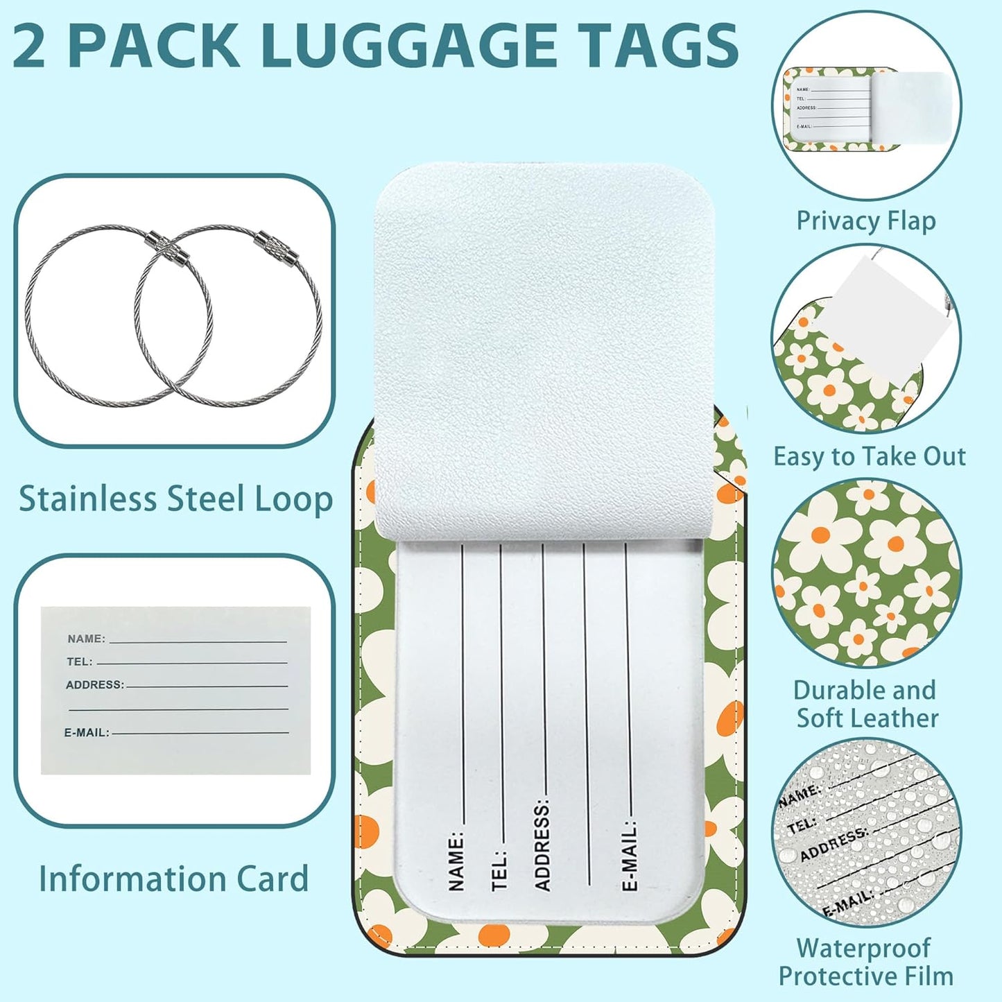 2 Pack Cute Luggage Tag for Suitcases Vintage Flowers Leather Luggage Tags with Stainless Steel Loop Privacy Flap Name Tags,Men and Women Travel Bag Suitcase Tags
