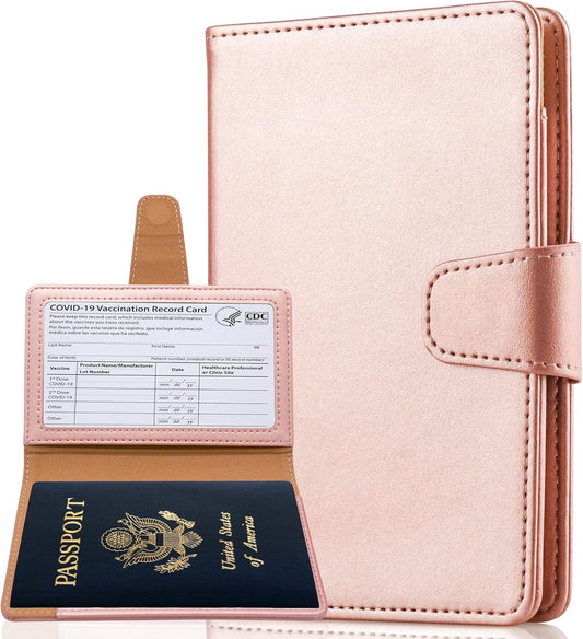 RFID Blocking Genuine Leather Wallet Passport Holder for Travel with Credit Card Slots and Ticket Pocket Durable Design (Pink)