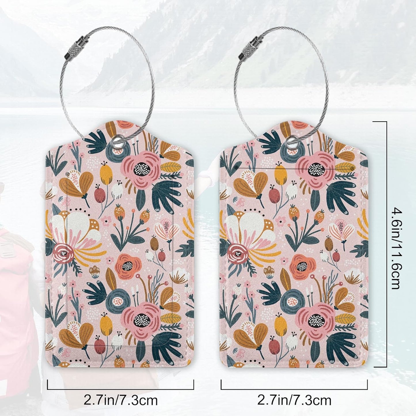 2Pcs Luggage Tag for Suitcase Boho Pink Flowers Cute Suitcase Tag with Privacy Flap & Name ID Label & Metal Loop,Travel Bag Luggage Tags for Women