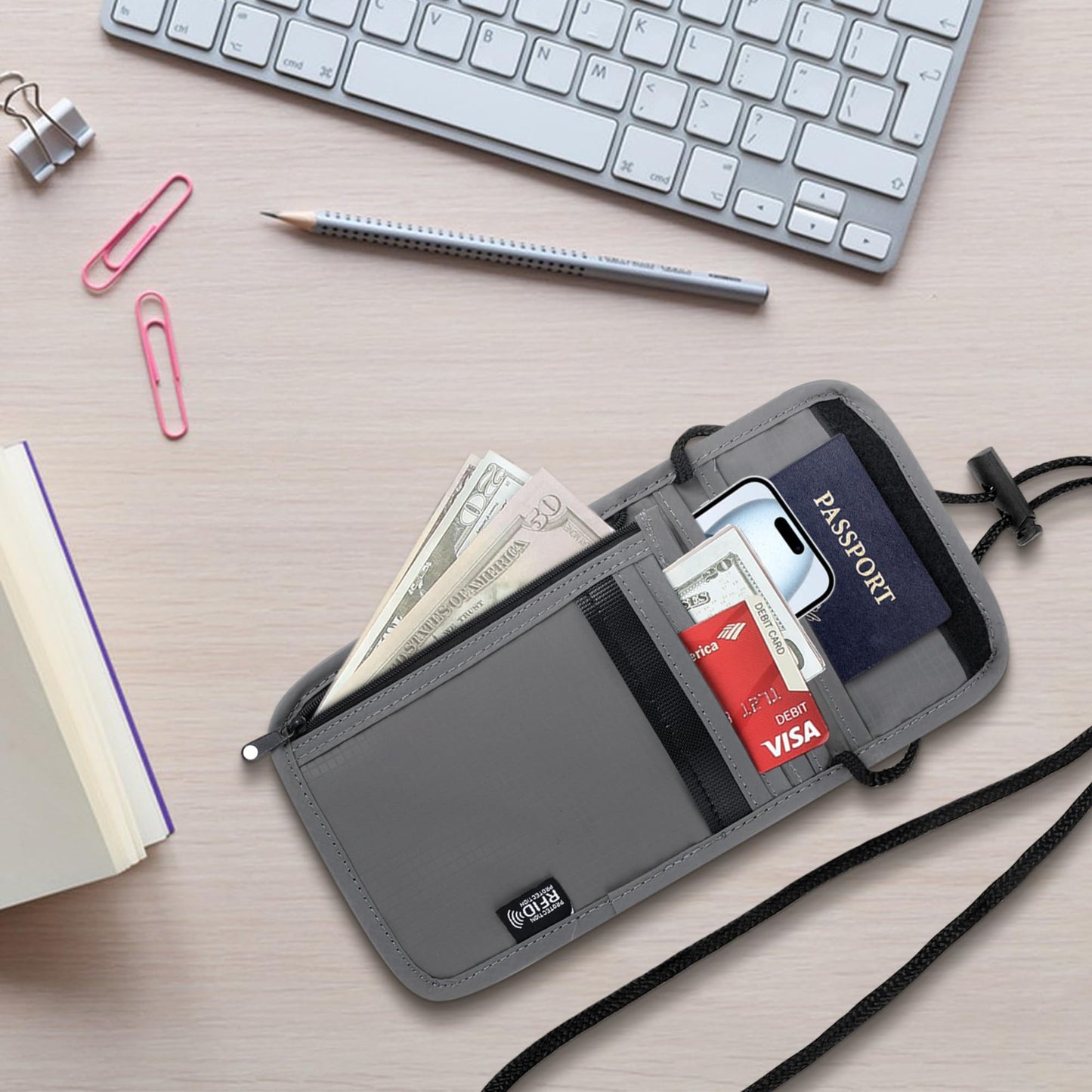 Likesing 5.5" L x 7.9" W Travel Neck Wallet, RFID Passport Holder (Grey)