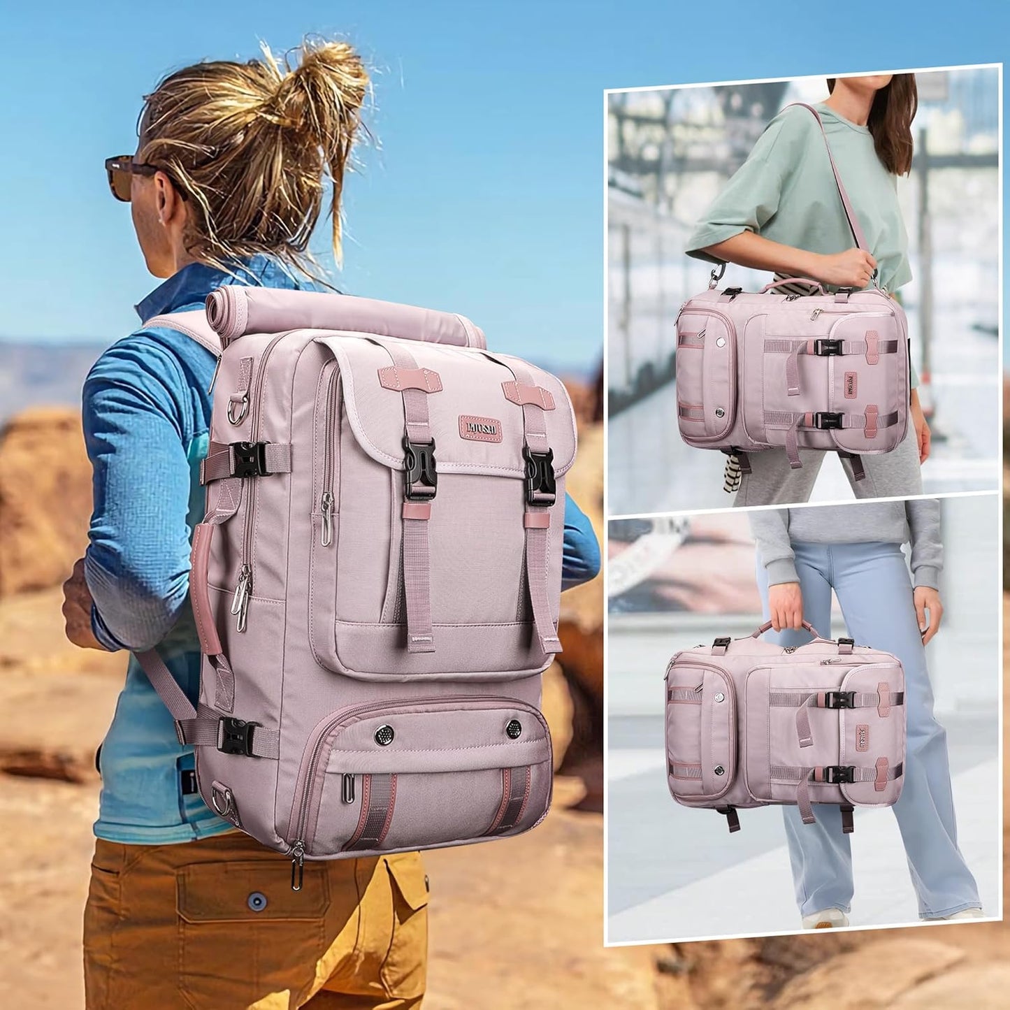 PIJUSHI Travel Backpack for Women Carry on Luggage Backpack Flight Approved Convertible Duffle Bag Fit 16 Inch Laptop(PE037 Light Purple)