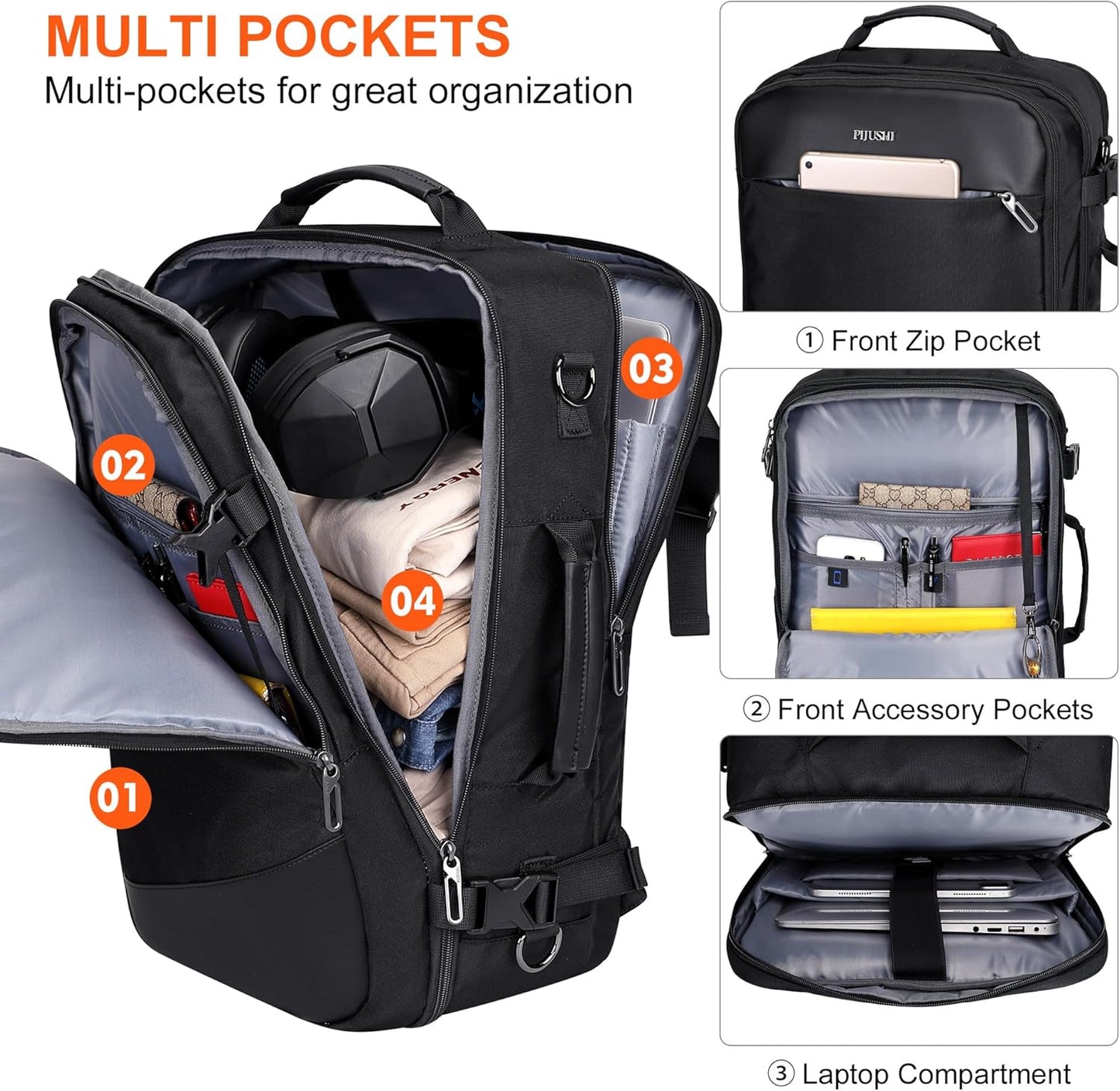 PIJUSHI Travel Backpack for Women Men Carry on Suitcase Backpack Flight Approved Personal Item Bag Fits 16 Inch Laptop(PE035 Black)