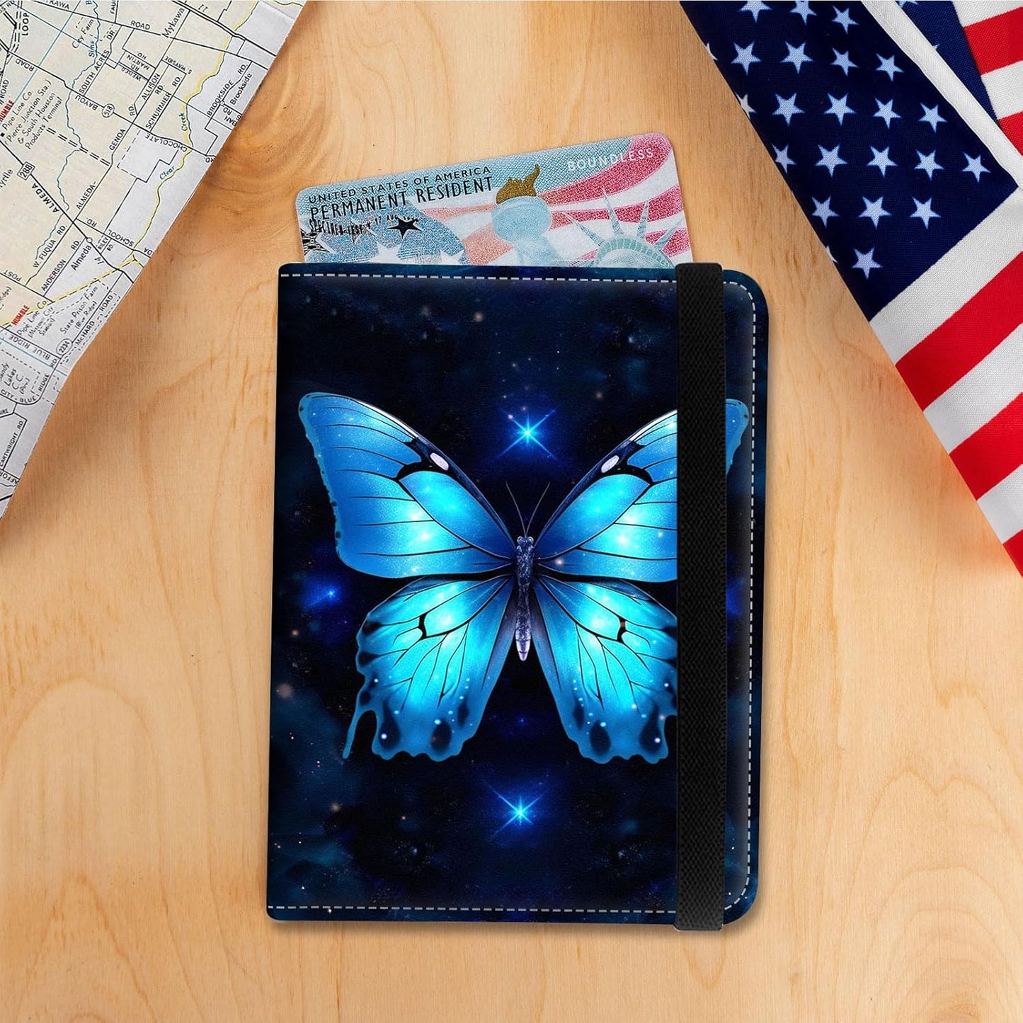Passport Holder Cover Wallet Travel Essentials RFID Blocking Case Leather Passport Cover Wallet Vaccine Card Slot Organizer for Men Women, Starry Butterfly