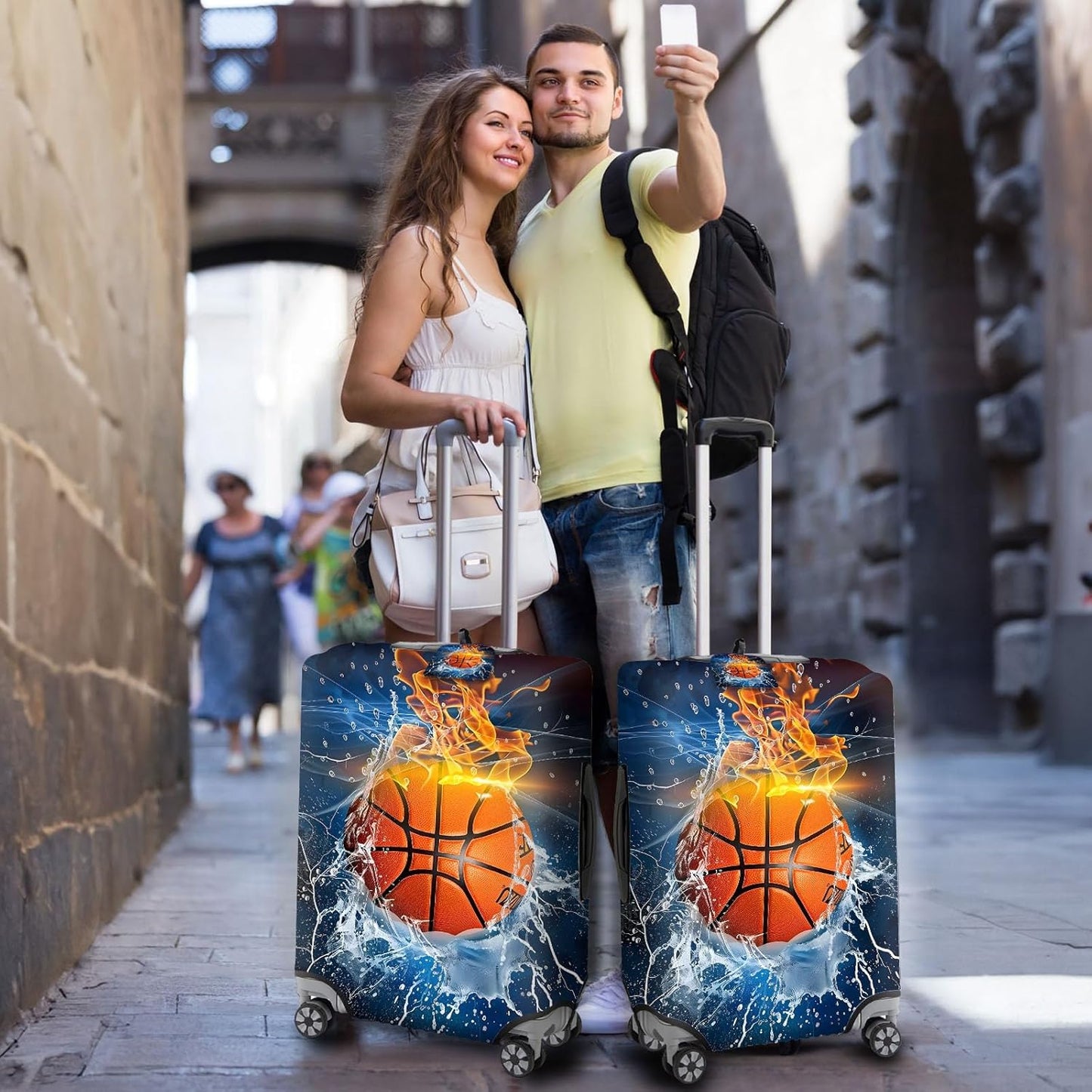 Travel Luggage Cover,Ice Fire BasketballTheme Suitcase Cover Accessory Kit, Luggage Tag, and Comfortable Luggage Handle Wrap, Washable Luggage Suitcase Protector (25-28 inch,L)