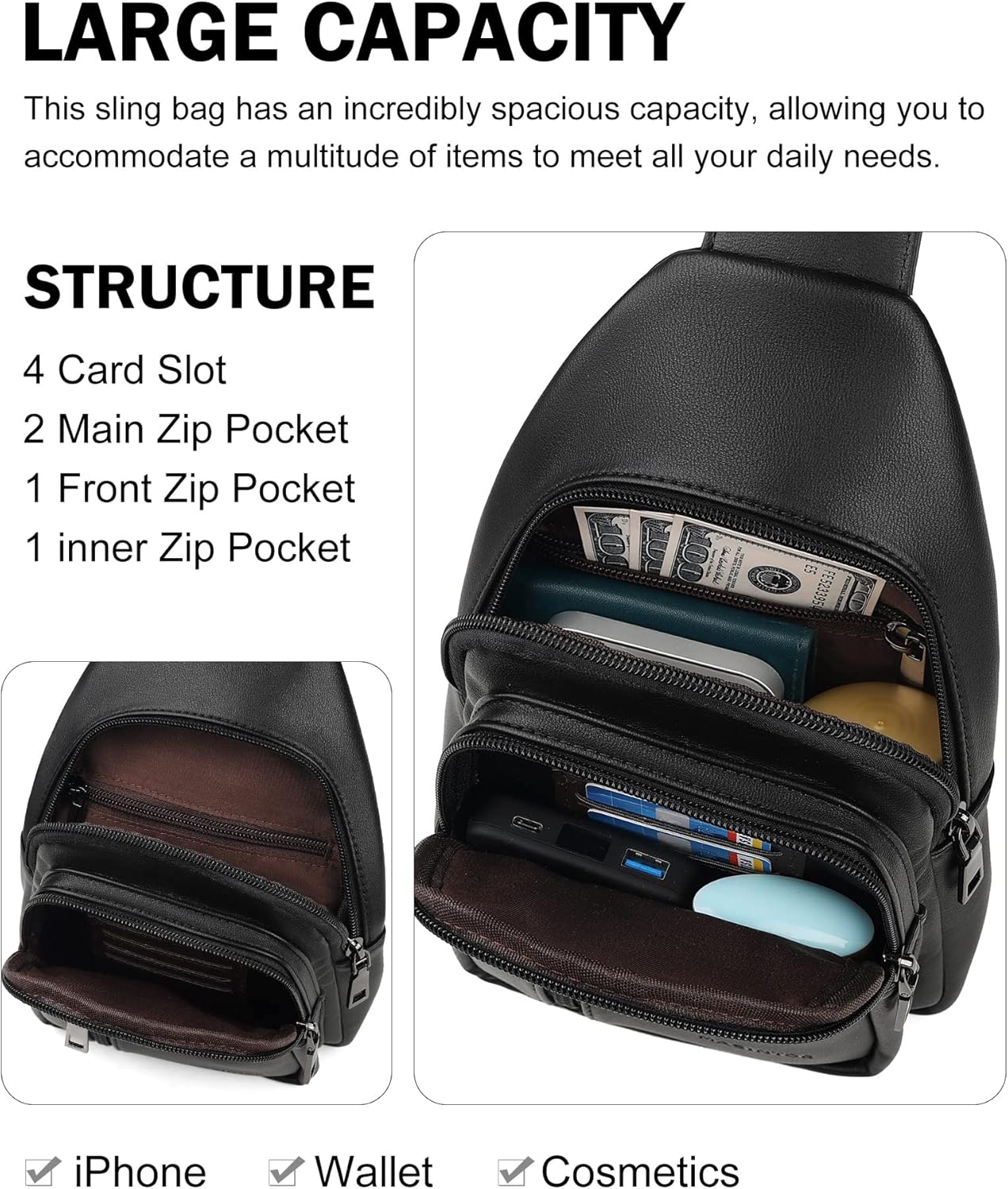 MASINTOR Sling Bag for Women - Crossbody Bags Fanny Pack with Vegan Leather - Adjustable Sling Backack for Travel