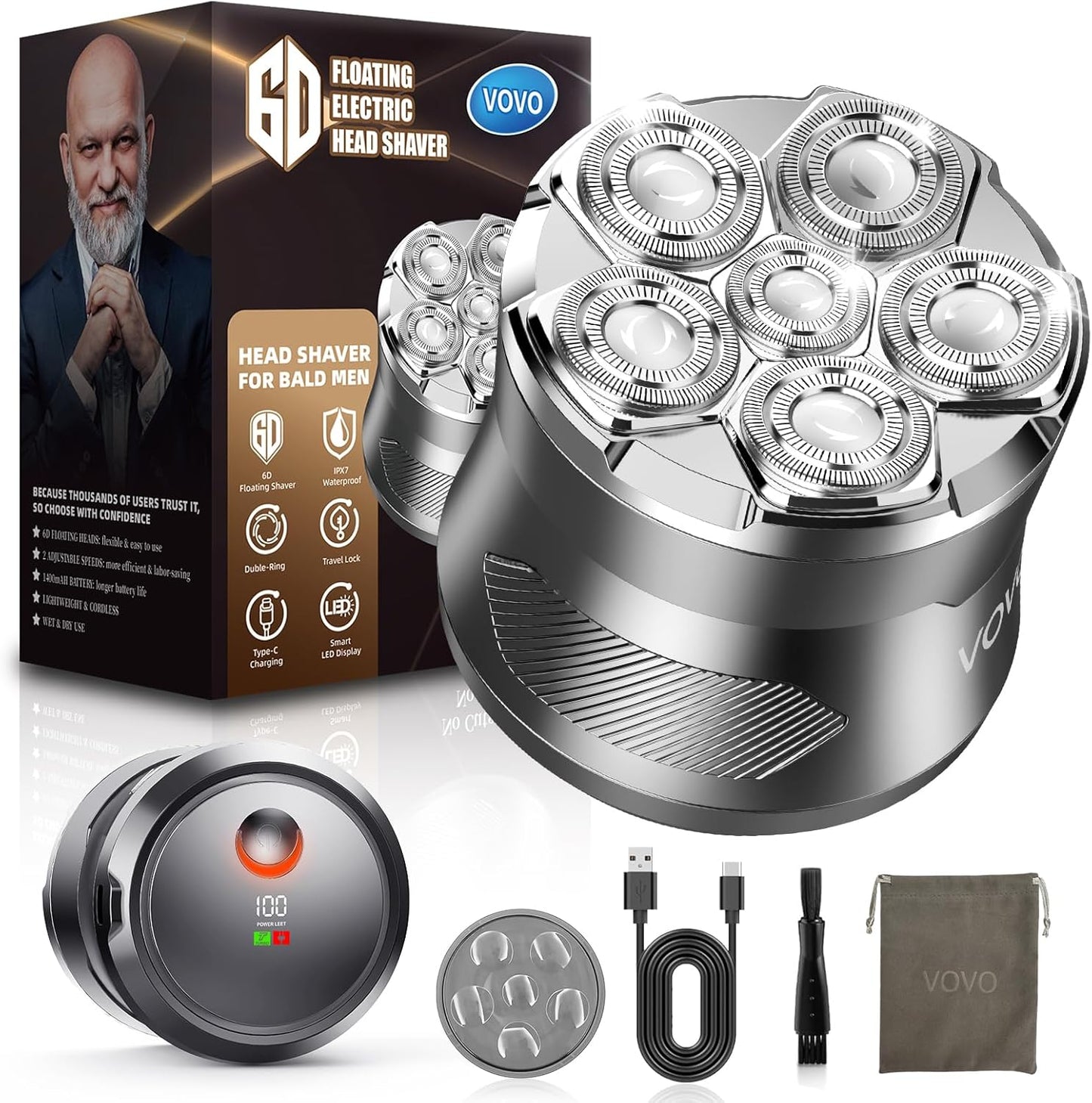 VOVO Head Shavers for Bald Men 2 Speed 6D Electric Face Head Shaver Large Capacity Cordless Type-C Rechargeable IPX7 Waterproof Bald Head Shaver Wet & Dry Use Head Razor Suitable for Home and Travel