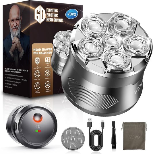 VOVO Head Shavers for Bald Men 2 Speed 6D Electric Face Head Shaver Large Capacity Cordless Type-C Rechargeable IPX7 Waterproof Bald Head Shaver Wet & Dry Use Head Razor Suitable for Home and Travel