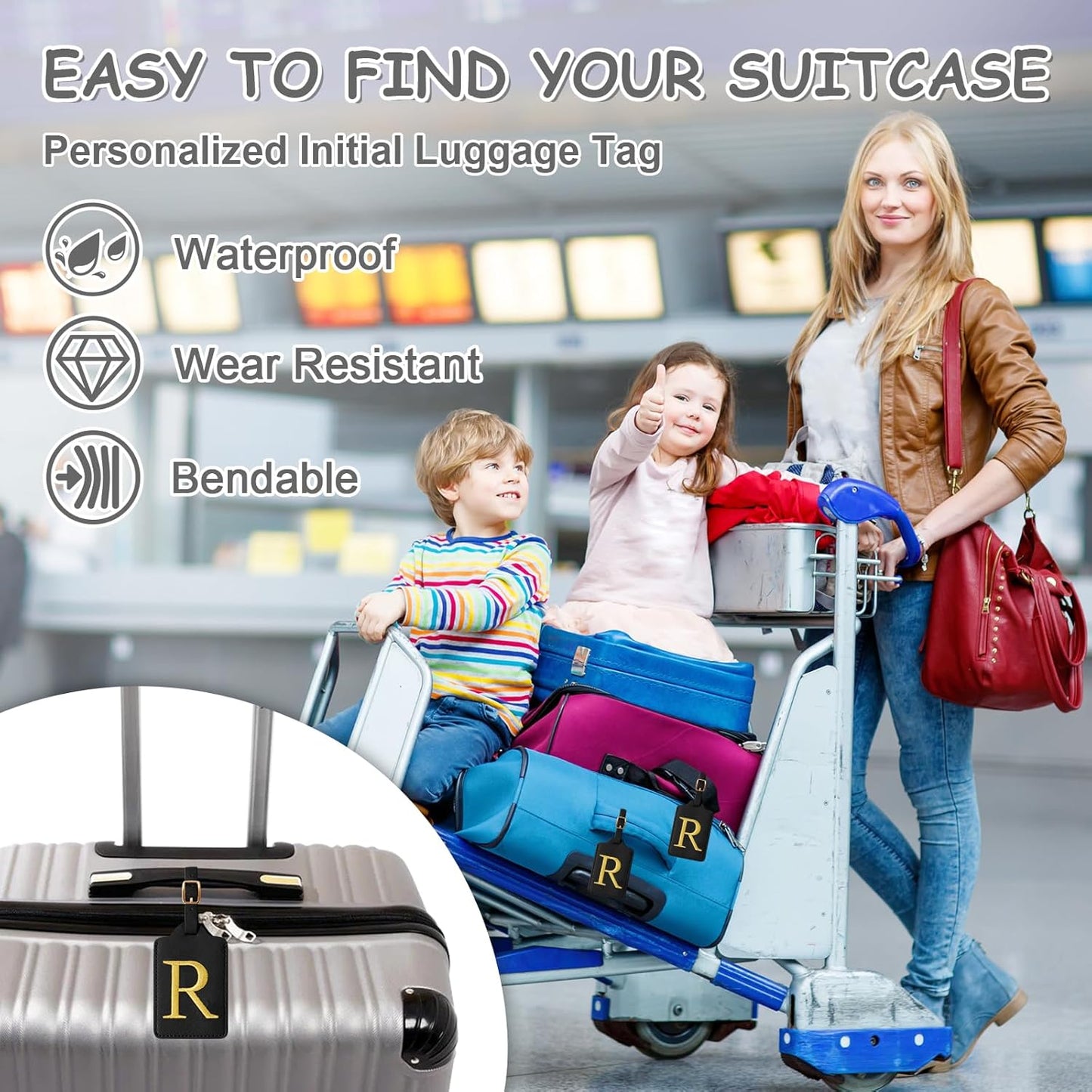 Personalized Initial Luggage Tags for Suitcases, Cute PU Leather Embroidered Letter Travel Luggage