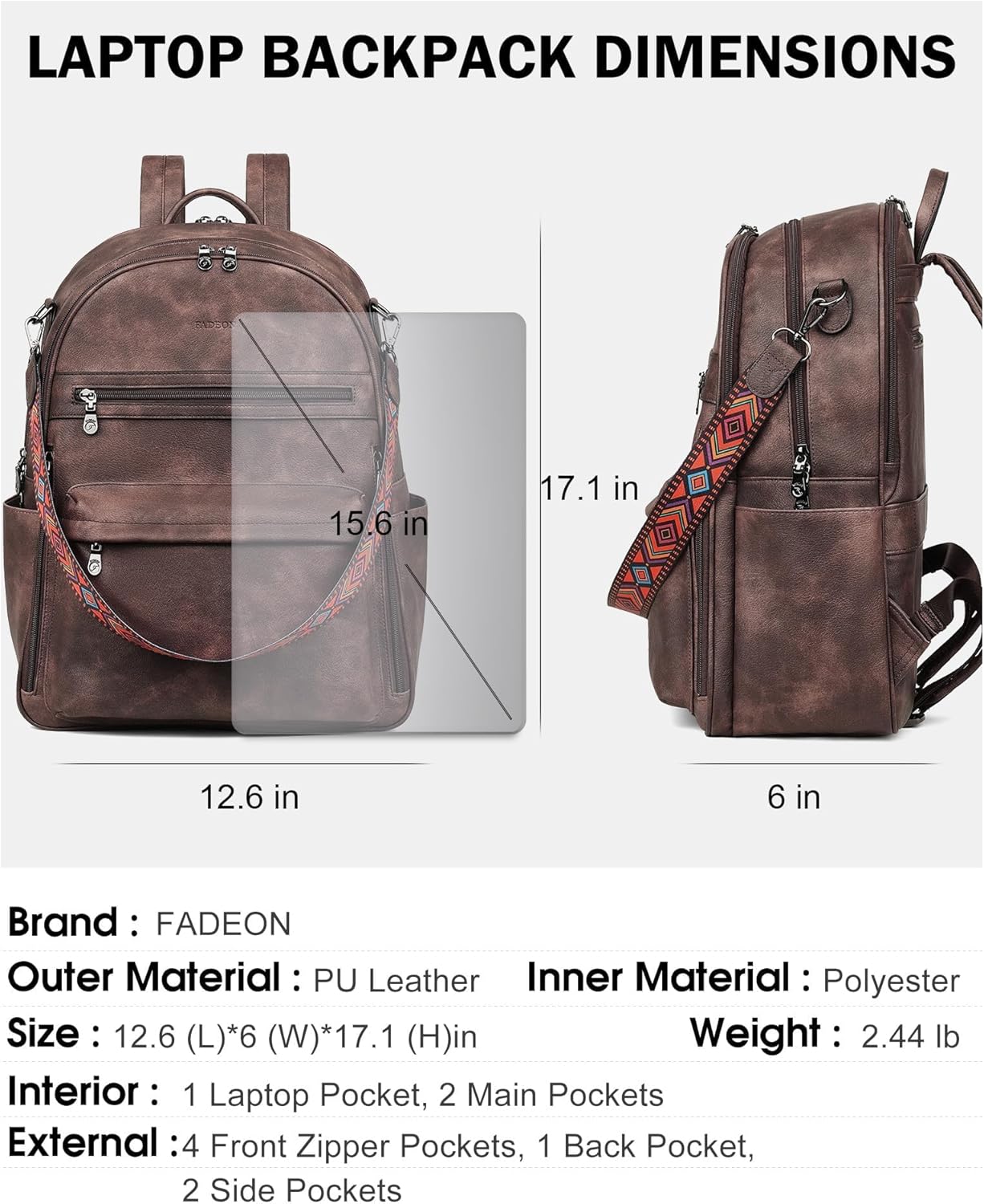 FADEON 15.6 inch Laptop Backpack Purse for Women Designer PU Leather Computer Backpacks Fashion for