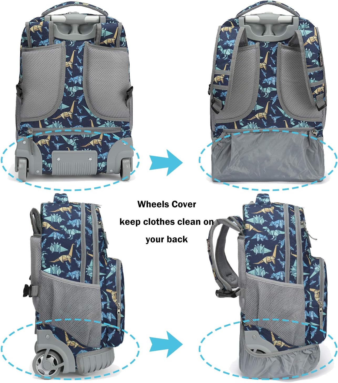 Tilami Rolling Backpack 19 inch with Lunch Bag Wheeled Laptop Backpack, Dinosaur