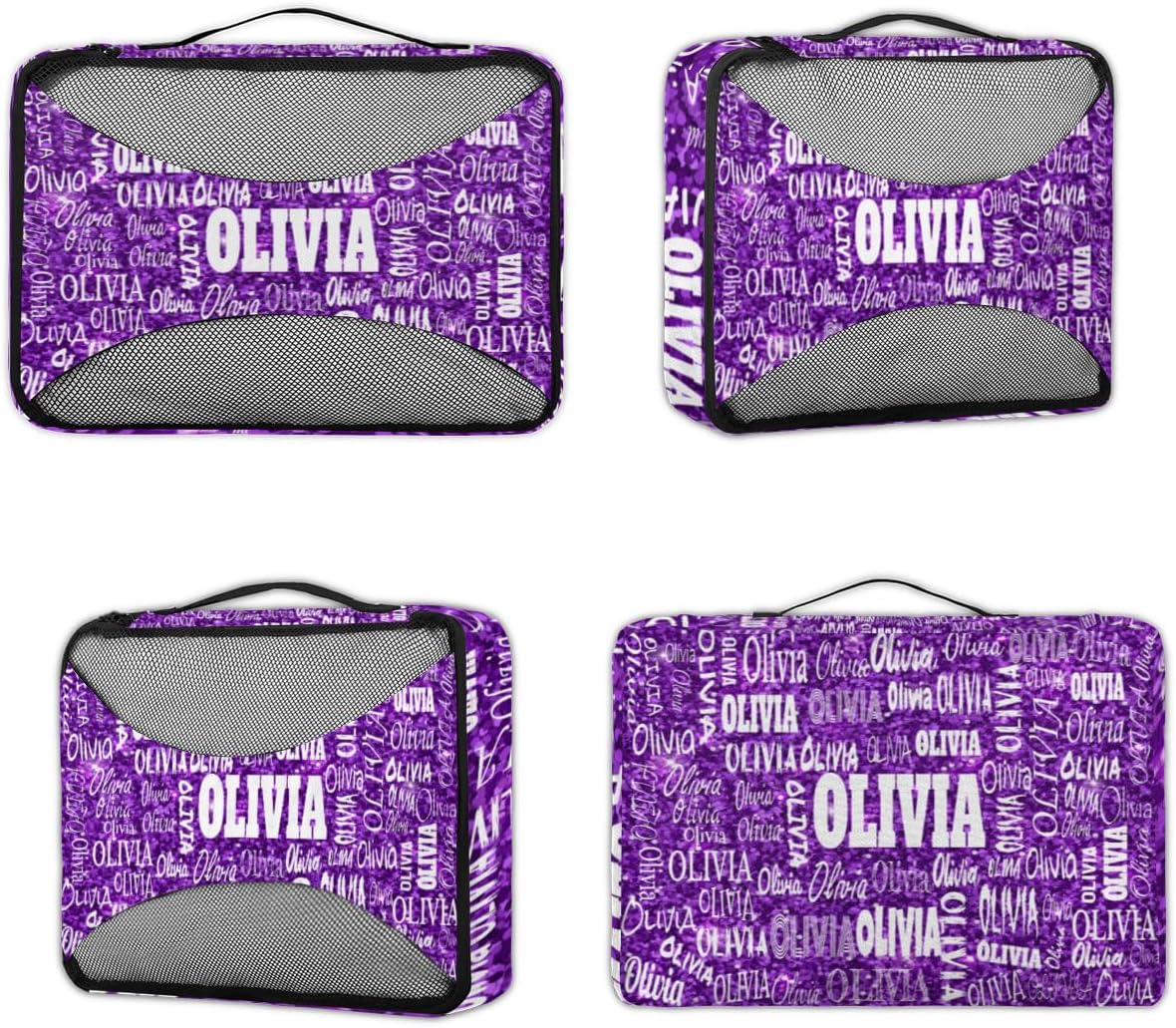 Custom 4 Packing Cubes Set, Lightweight Mesh Travel Luggage Organizers for Travel, 4 Pieces Suitcase Storage Bags, Purple Sequins with Names