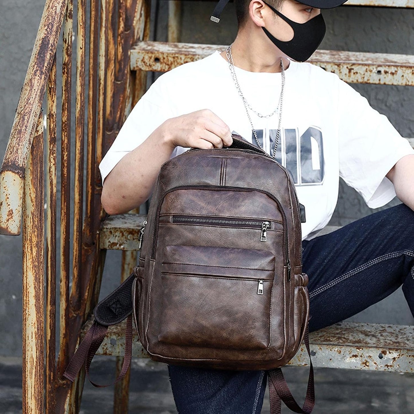 Vintage Leather Waterproof Backpack for Men 16" Laptop Bag Casual Daypack Business Travel Rucksack (Brown)