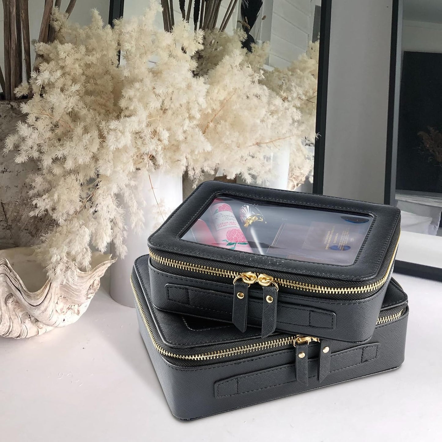 Aveniee Clear Makeup Bag Set,Portable Travel Toiletry Bag Cosmetic Case for Women,Vegan Leather