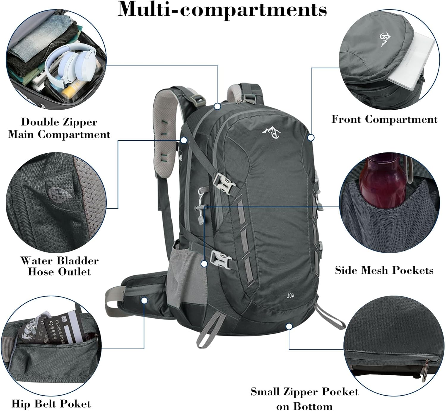 Long Keeper 40L Hiking Backpack Camping Daypack with Waterproof Rain Cover Lightweight Outdoor