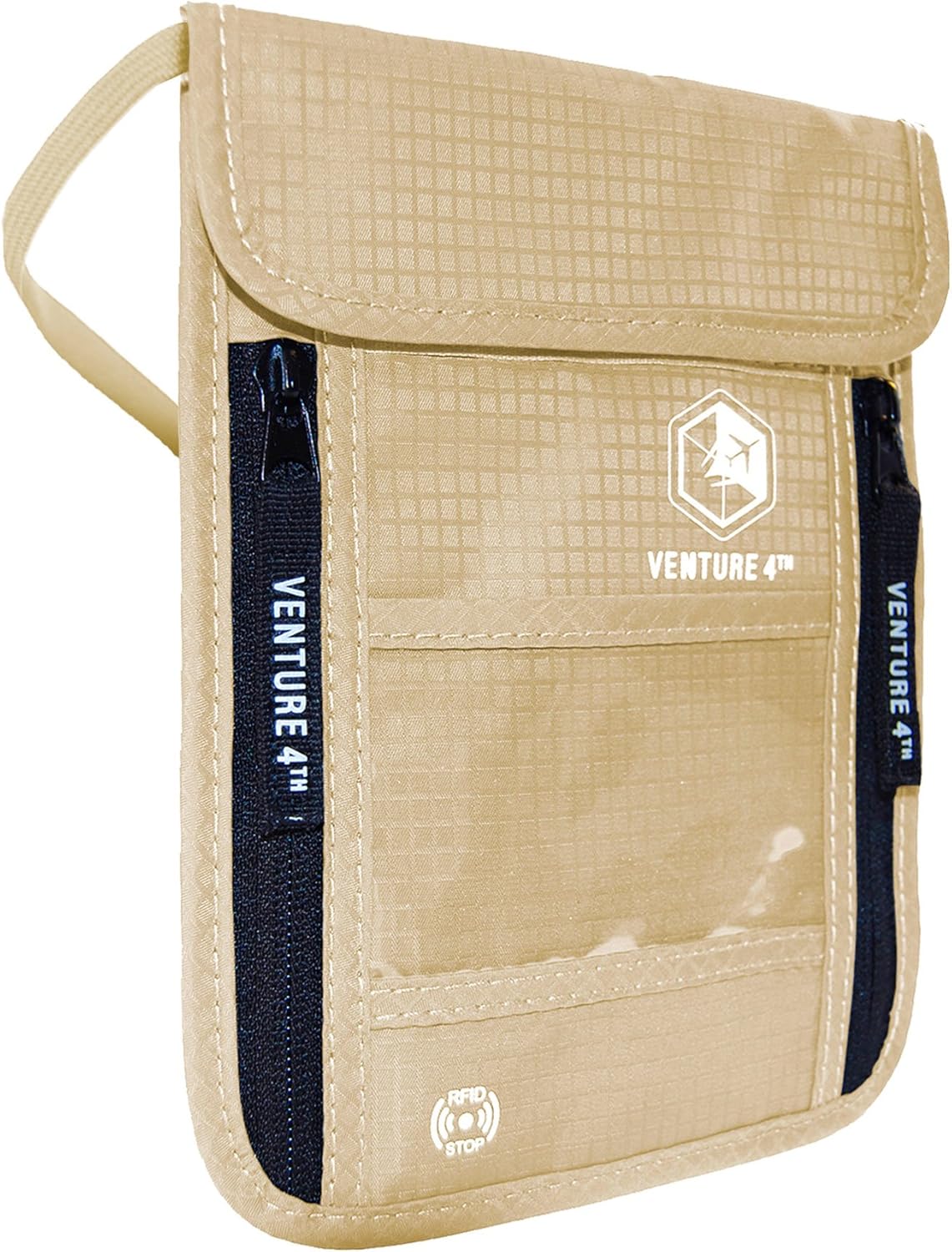 VENTURE 4TH Neck Wallet, RFID Blocking Passport Holder for Travel – Hidden Neck Pouch with 6 Compartments, Slim Lightweight Organizer with Adjustable Strap for Cash, Cards & Passport (Beige)