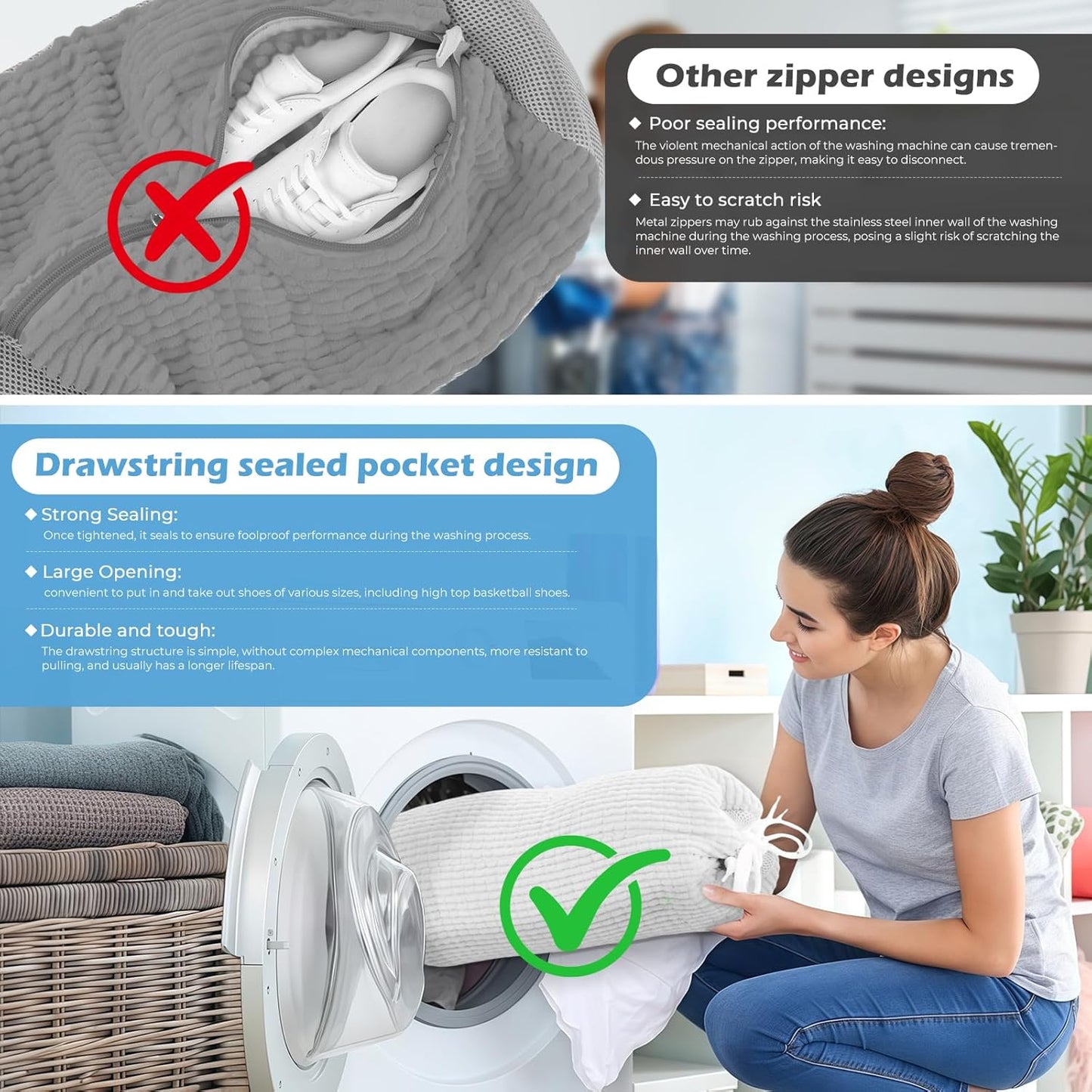2Pcs Shoe Washing Machine Bag, Reusable Shoe Laundry Bag, Sneaker Washing Machine Bags, Shoe Cleaning Wash Bag with 360° Cleaning Fibers & Adjustable Drawstring, Fits Most Shoes Washer (White)