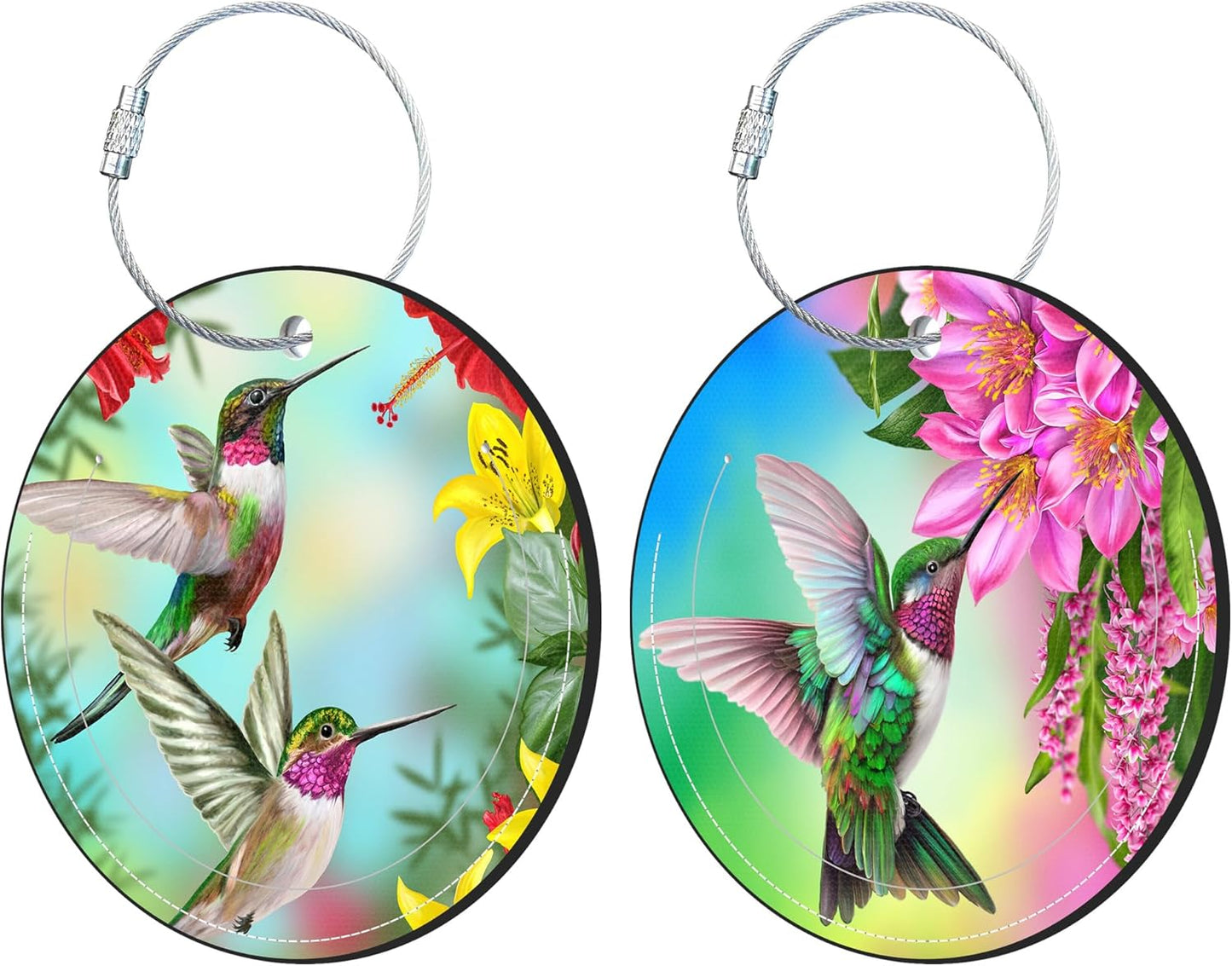 Round Cute Luggage Tags 2 Pack Hummingbird Red Hibiscus Creative Baggage Tags,Cruise Travel Baggage Suitcases Tag with Stainless Steel Loop ID Tag Privacy Flap